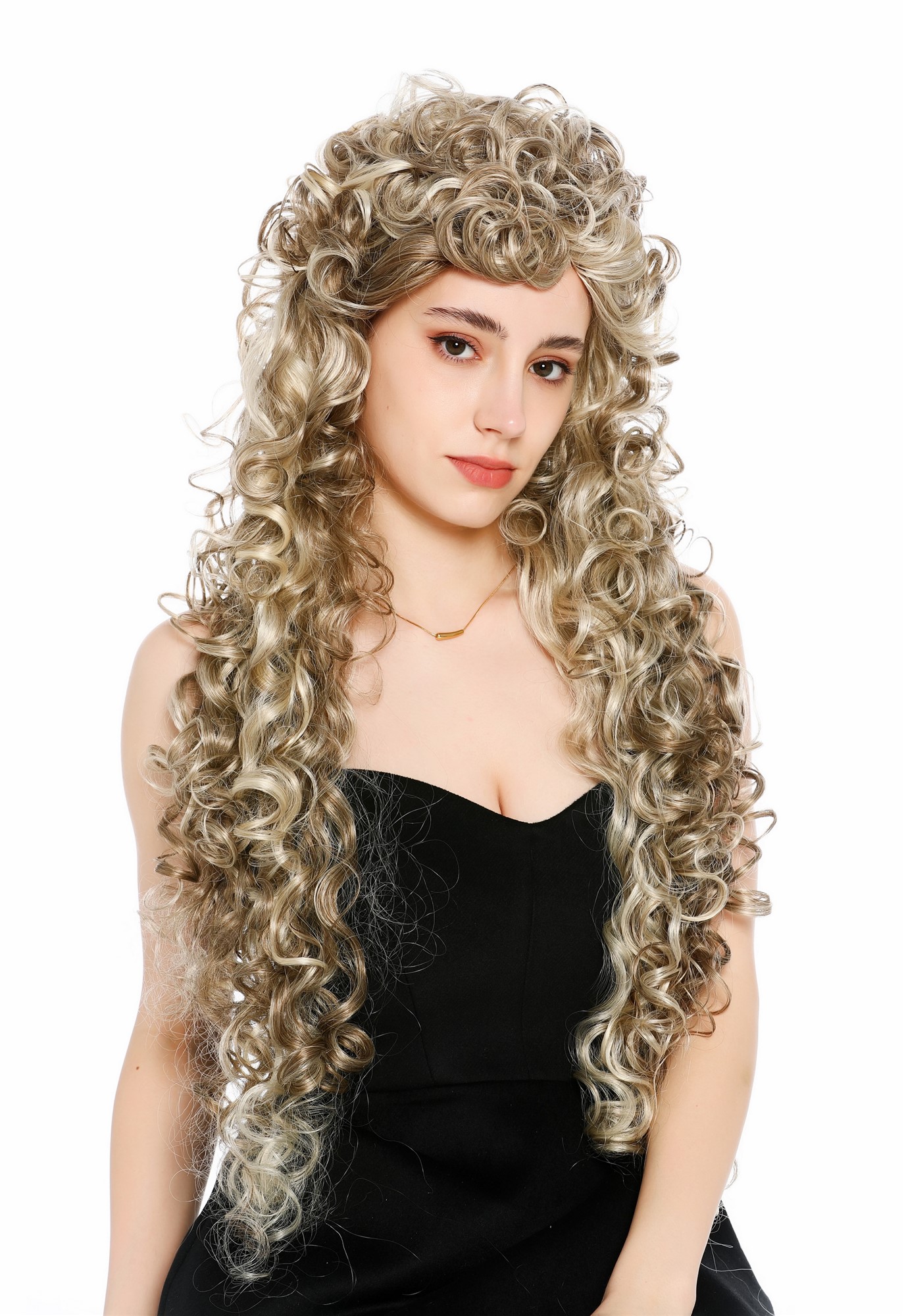 Perücke Damen sehr lang wild gelockt Locken Dunkelblond Hellblond gesträhnt VK-59-H16/613