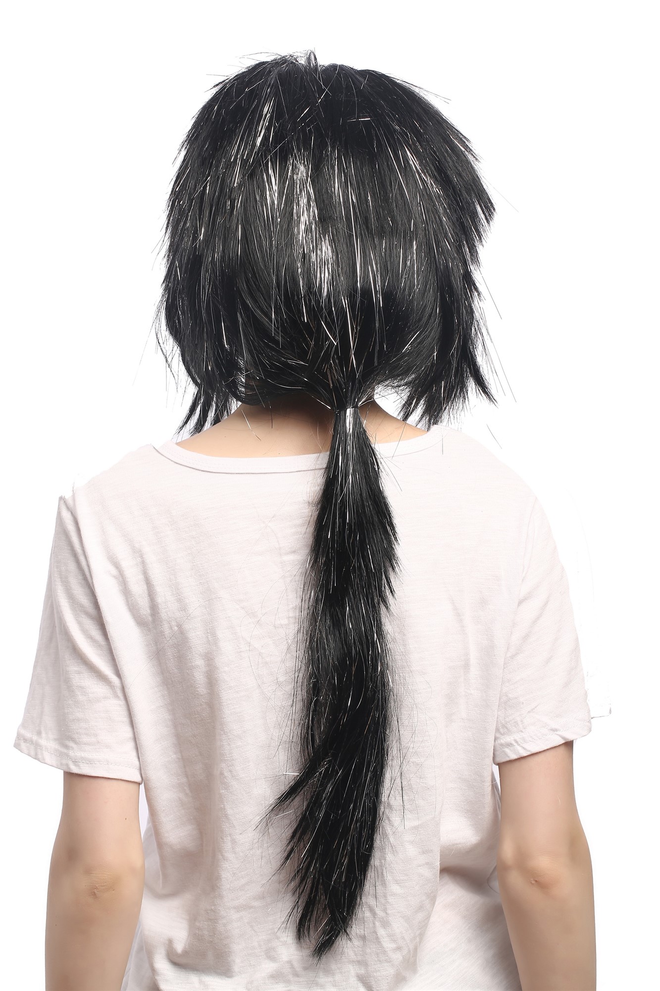 günstige Party Perücke, Perücke Schwarz Silber Strähnen Zopf 91064-ZA103-silver, Ansicht 4, WIG ME UP: Ihr Perücken Online Shop wellige Party Perücke Schwarz lange Haare Unisex