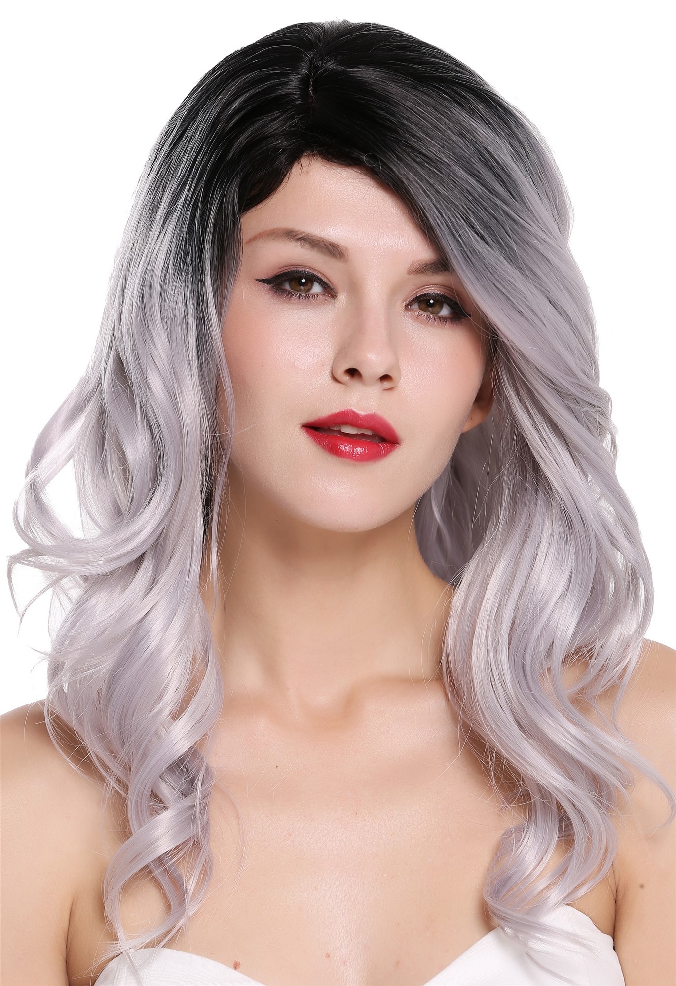 Lady women wig long wavy parting ombre black silvery grey gray RGF-6326, front view, WIG ME UP: Your Perücken Online Shop Quality Wigs, Ladies, Black Silver Gray, wavy, long
