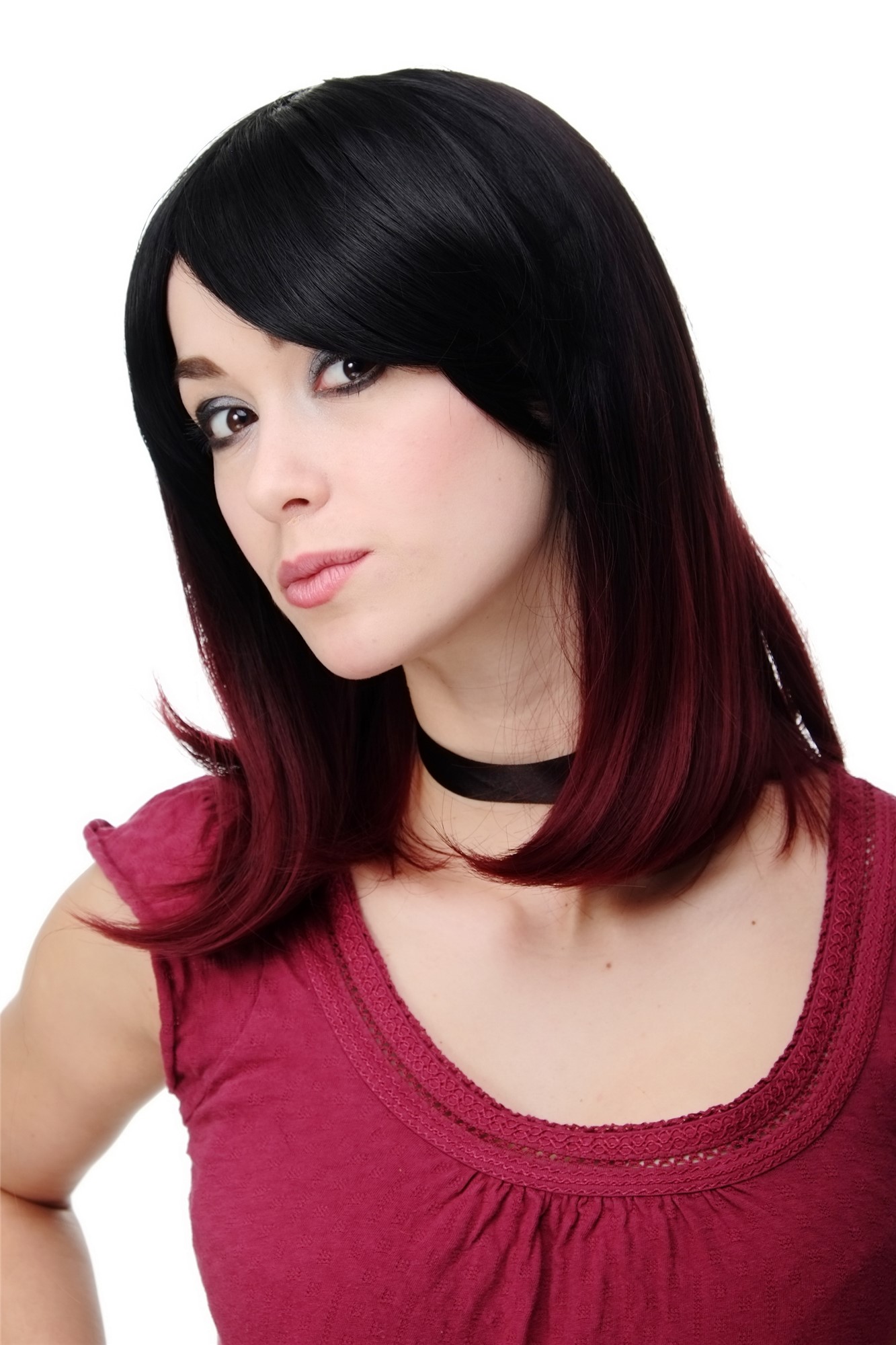 Stunning Lady  Wig shoulder length longbob Ombre black & red straight parting fringe Gothic, front view, WIG ME UP: Your Perücken Online Shop Quality Wigs, Ladies, black-aubergine red mix, straight, shoulder-length
