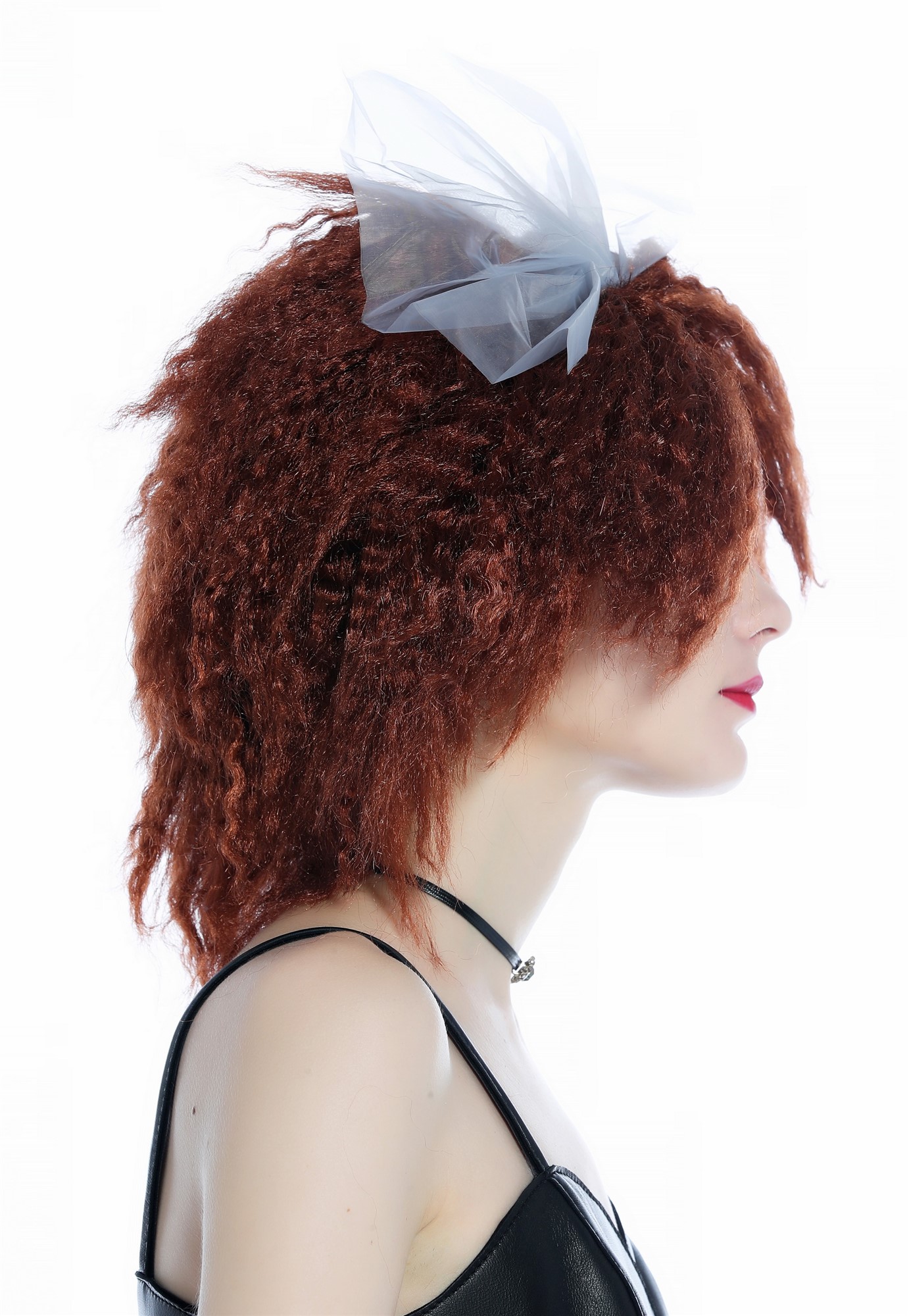 günstige Party Perücke, Perücke Braun gekreppt Krepplocken wild voluminös 80er Jahre Schleife 91874-P33A, Ansicht 4, WIG ME UP: Ihr Perücken Online Shop lockige Party Perücke Mahagoni schulterlange Haare für Damen