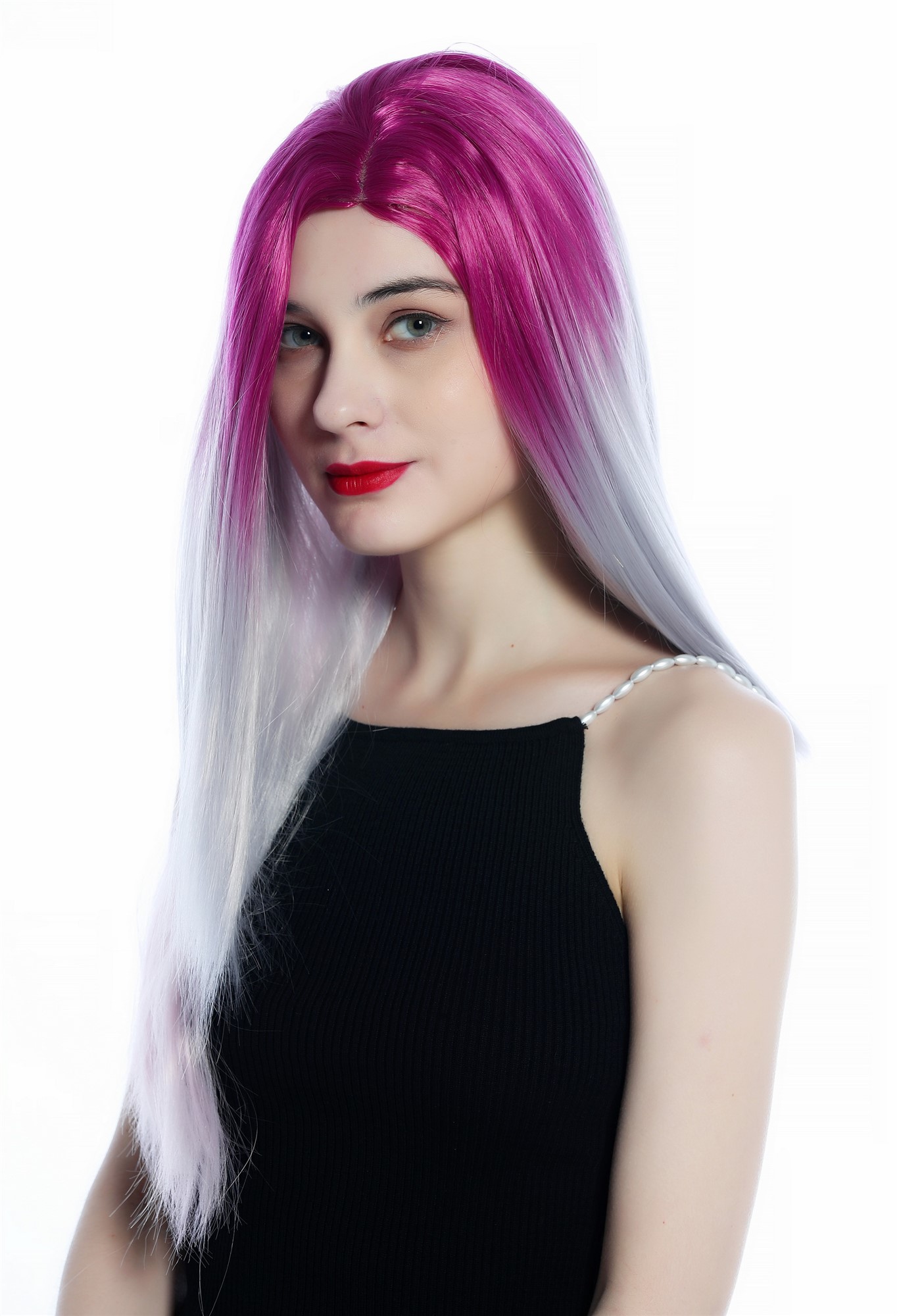 hochwertige Qualitätsperücken, Perücke lang glatt Mittelscheitel Ombre Balayage Grau Pink Rosa ZM-1031-R20140, Ansicht 6, WIG ME UP: Ihr Perücken Online Shop glatte Tressen-Perücke mit Kopfhaut-Imitat Pink-Silbergrau-Rosa-Verlauf lange Haare für Damen
