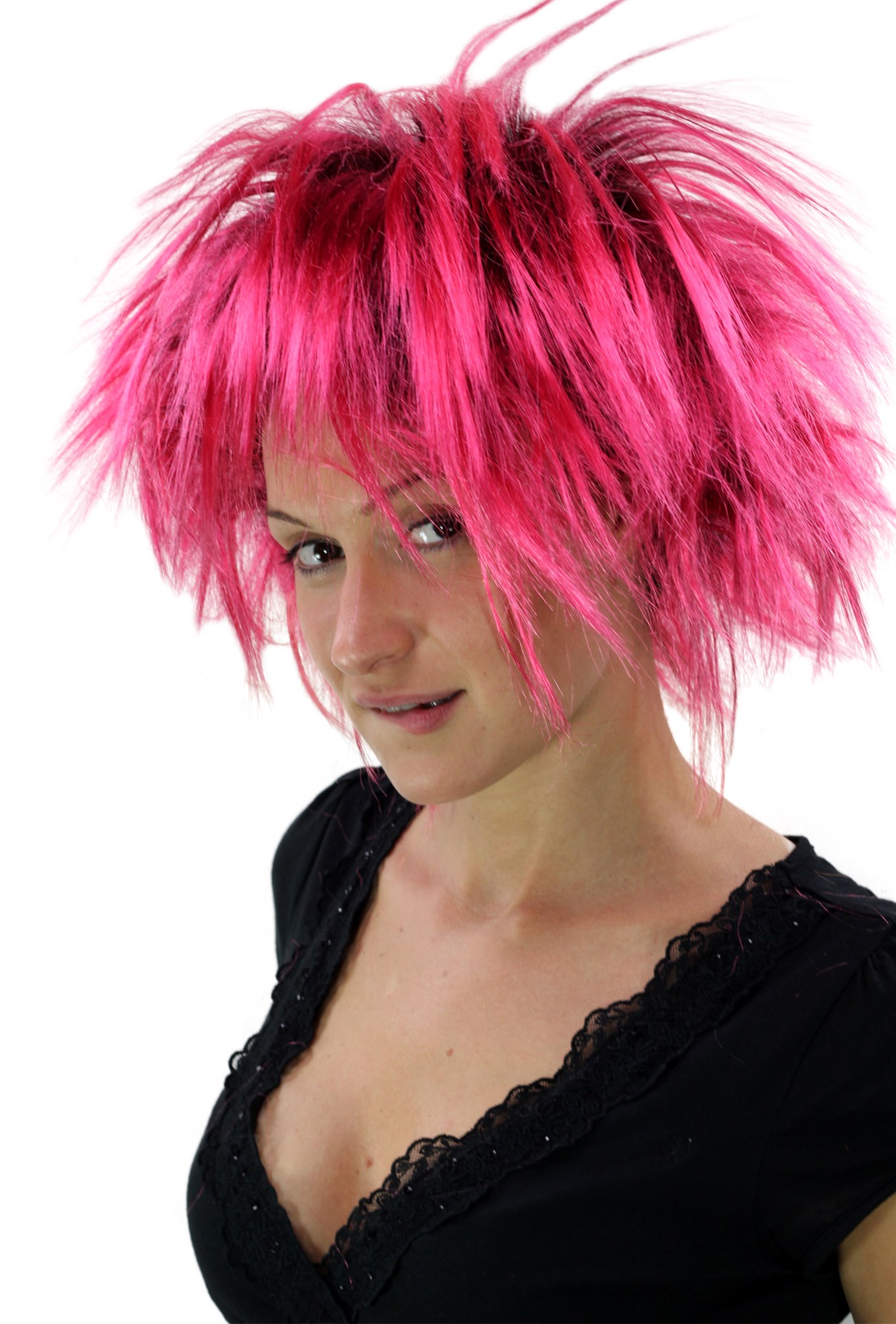 günstige Party Perücke, 80er Jahre Perücke Punk Glam Schwarz-Pink PW0078, Vorderansicht, WIG ME UP: Ihr Perücken Online Shop wellige Party Perücke sonstige kurze Haare Unisex