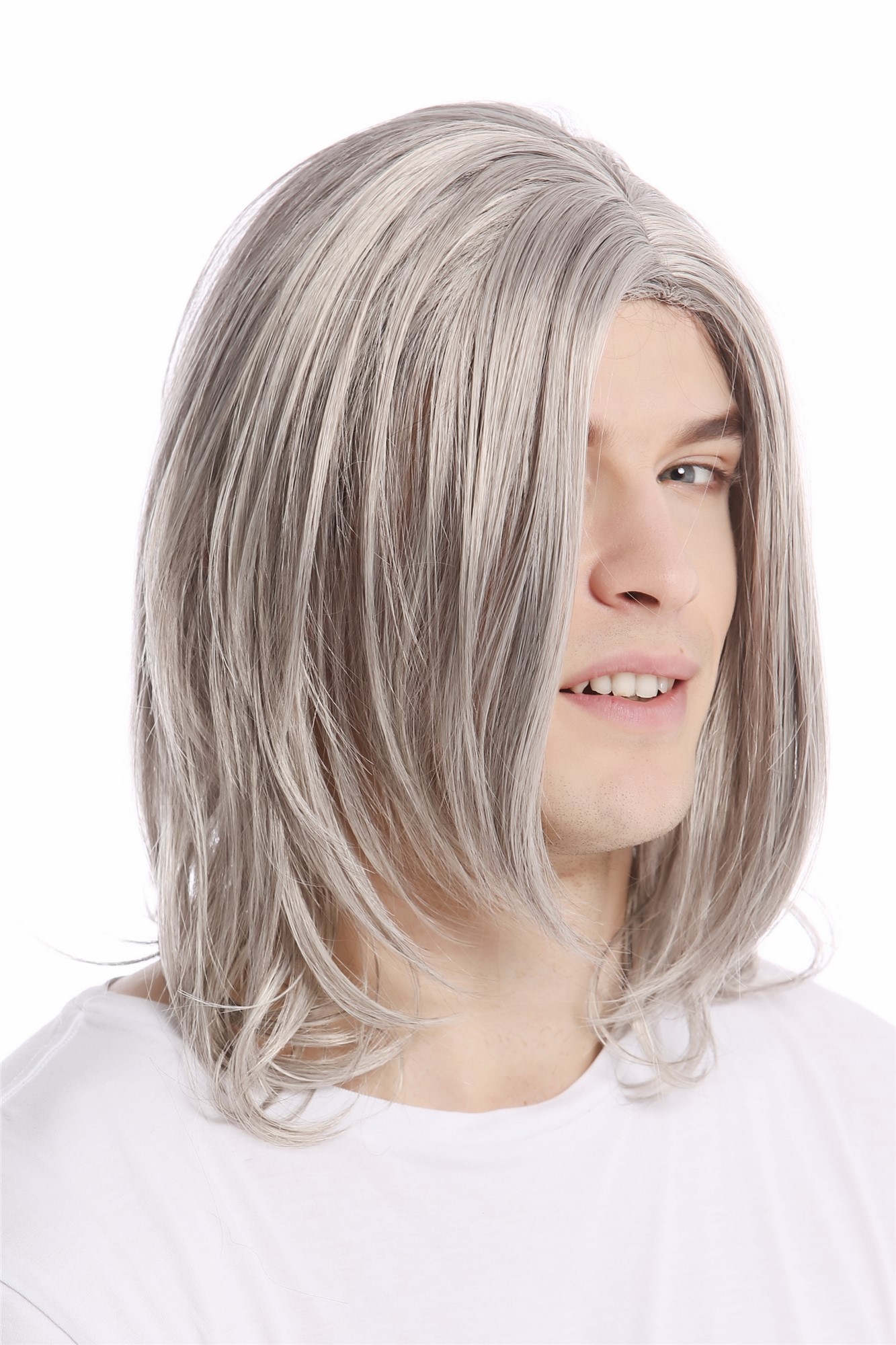 hochwertige Qualitätsperücken, Herrenperücke lang cool Mittelscheitel grau meliert GFW891-51, Vorderansicht, WIG ME UP: Ihr Perücken Online Shop glatte Tressen-Perücke mit Kopfhaut-Imitat Grau schulterlange Haare für Herren