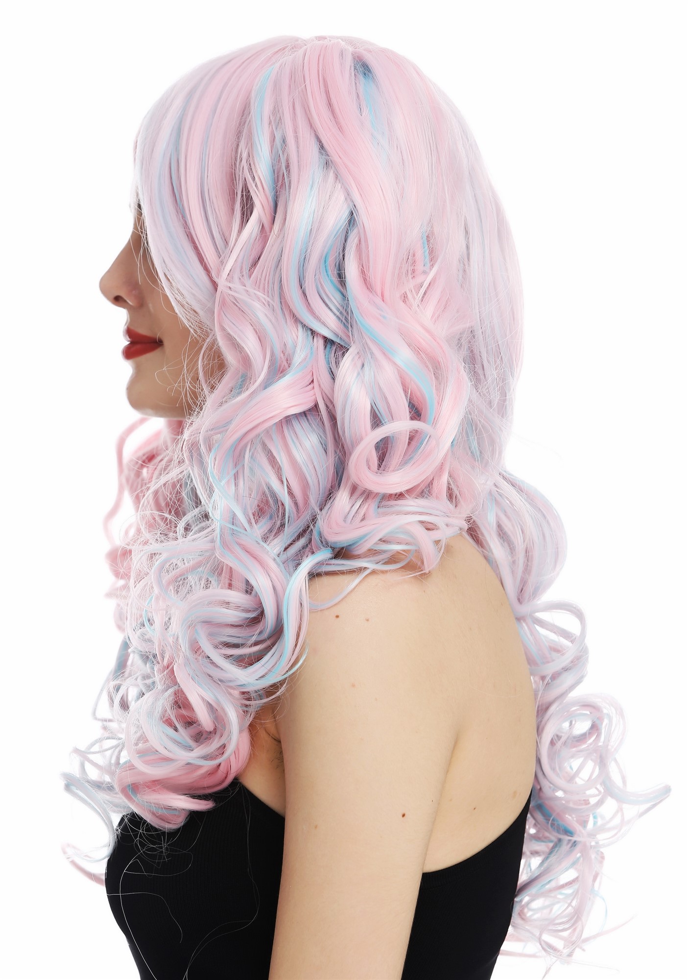 hochwertige Qualitätsperücken, Perücke Cosplay Lolita 2 Zöpfe Rosa Blau Mix lang lockig TYS-295+298-T1911HTF2513, Ansicht 3, WIG ME UP: Ihr Perücken Online Shop lockige Tressen-Perücke mit Kopfhaut-Imitat Rosa-Blau-Mix lange Haare für Damen