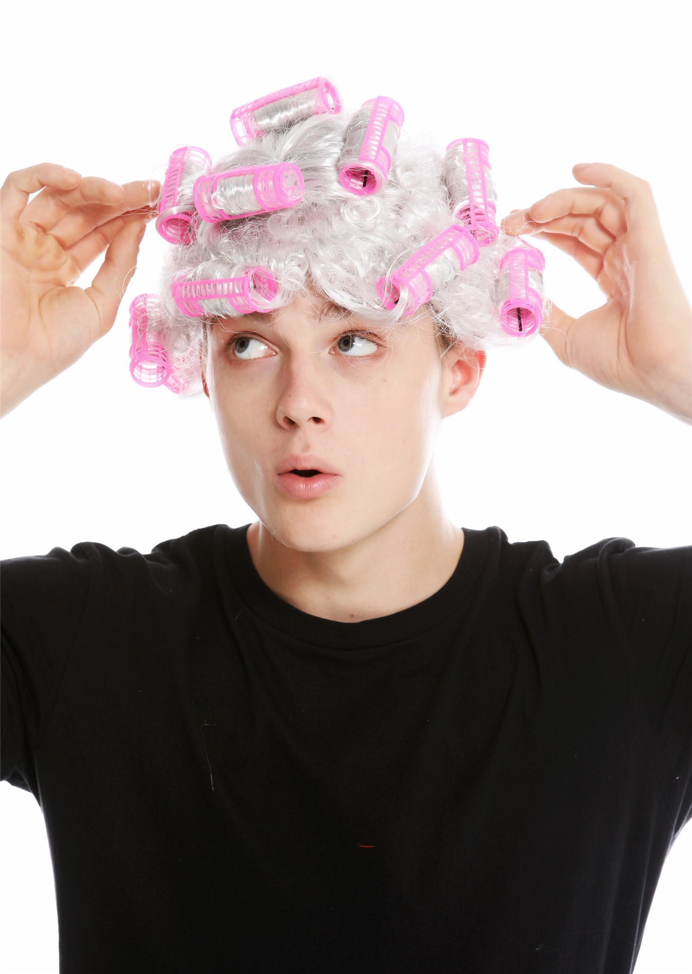 Women's party wig housewife hair rollers grey white grey light grey trashy 4204, view 5, WIG ME UP: Your Perücken Online Shop Party Wig, Ladies, light gray, curled, short