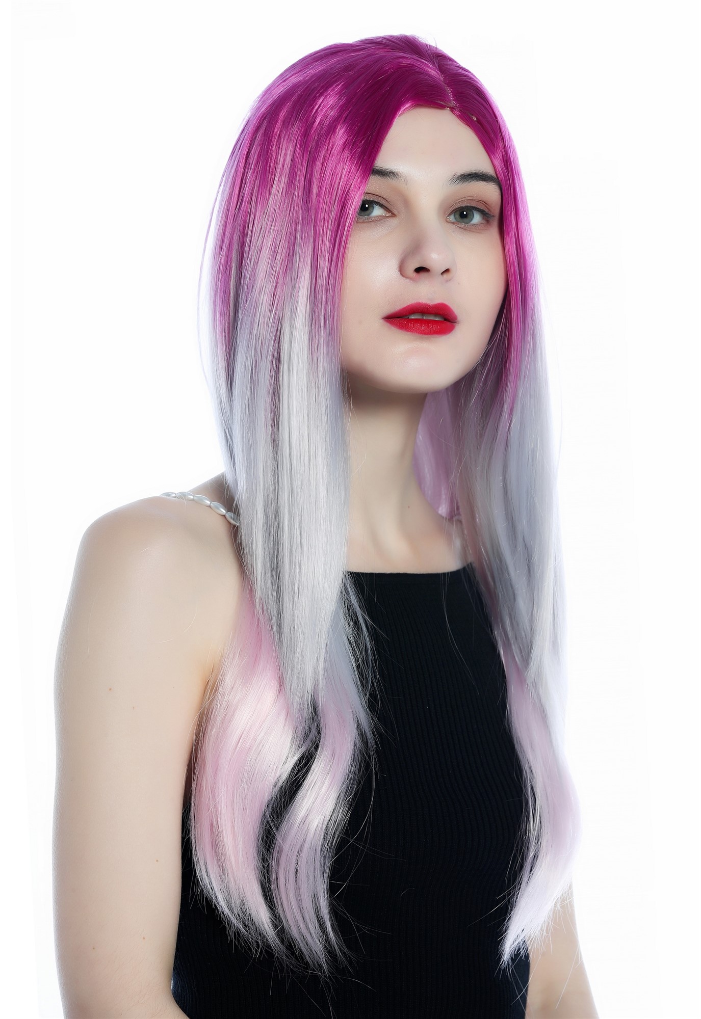 hochwertige Qualitätsperücken, Perücke lang glatt Mittelscheitel Ombre Balayage Grau Pink Rosa ZM-1031-R20140, Vorderansicht, WIG ME UP: Ihr Perücken Online Shop glatte Tressen-Perücke mit Kopfhaut-Imitat Pink-Silbergrau-Rosa-Verlauf lange Haare für Damen