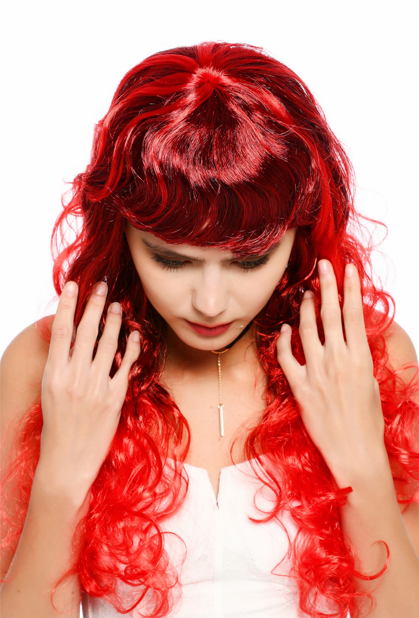 lockige Party-Perücke Rot mit schwarzen Strähnen 65 cm lange Perücke für Damen