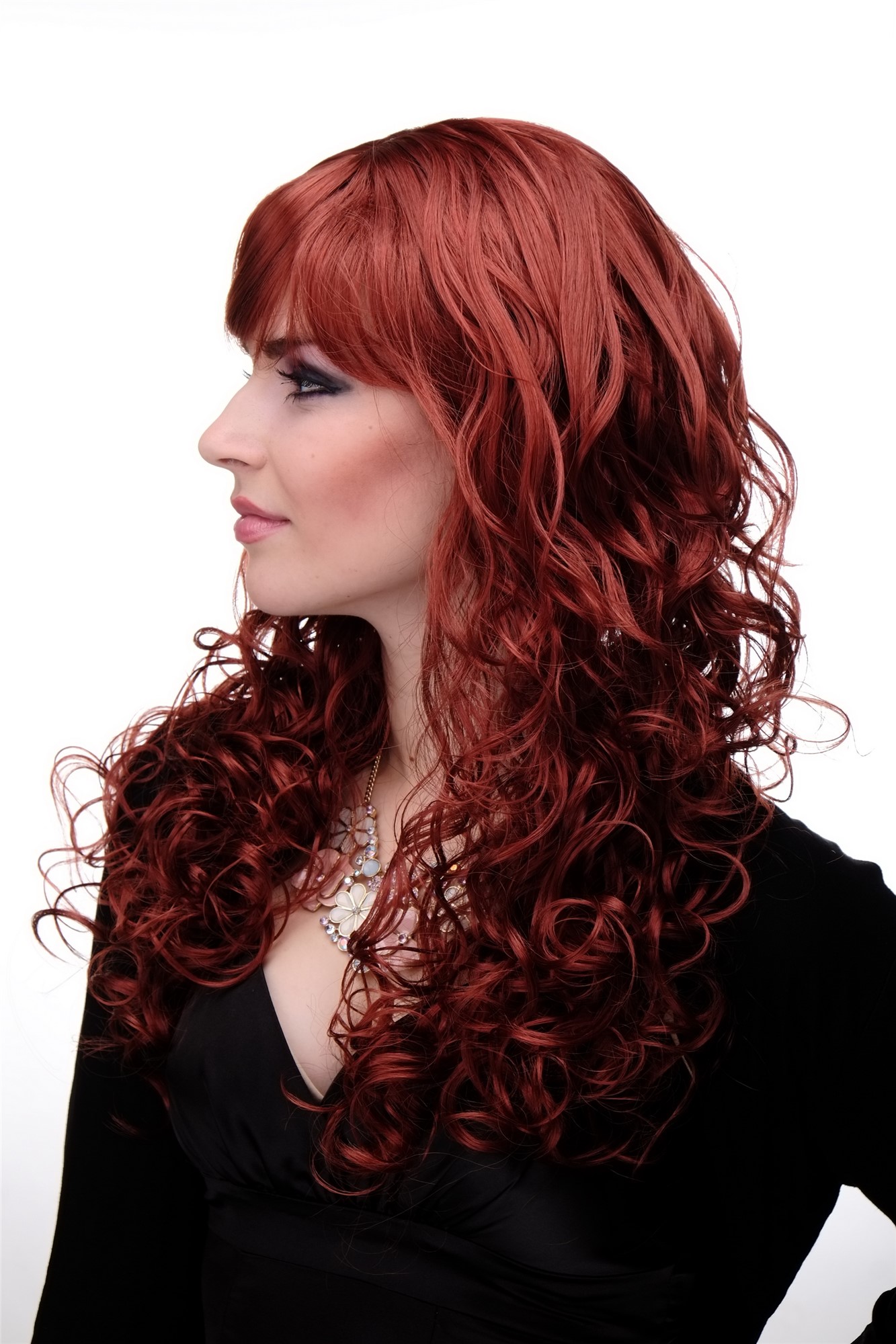 Quality Wigs, Ladies, dark copper red, curled, long