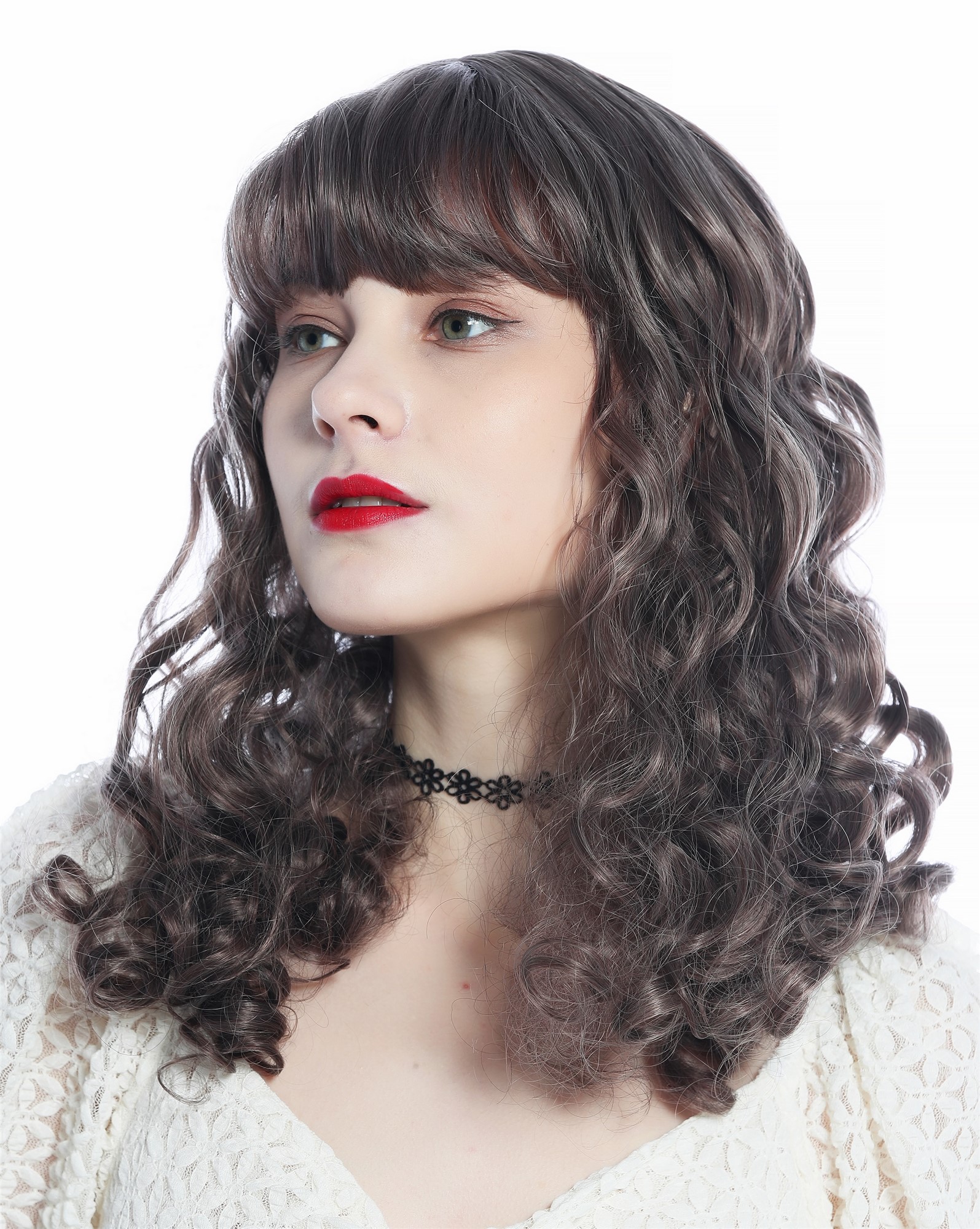 Lady wig curled bangs long voluminous wild mix violet red grey brown SZL0869 , front view, WIG ME UP: Your Perücken Online Shop Quality Wigs, Ladies, Red-violet gray brown mottled, curled, long