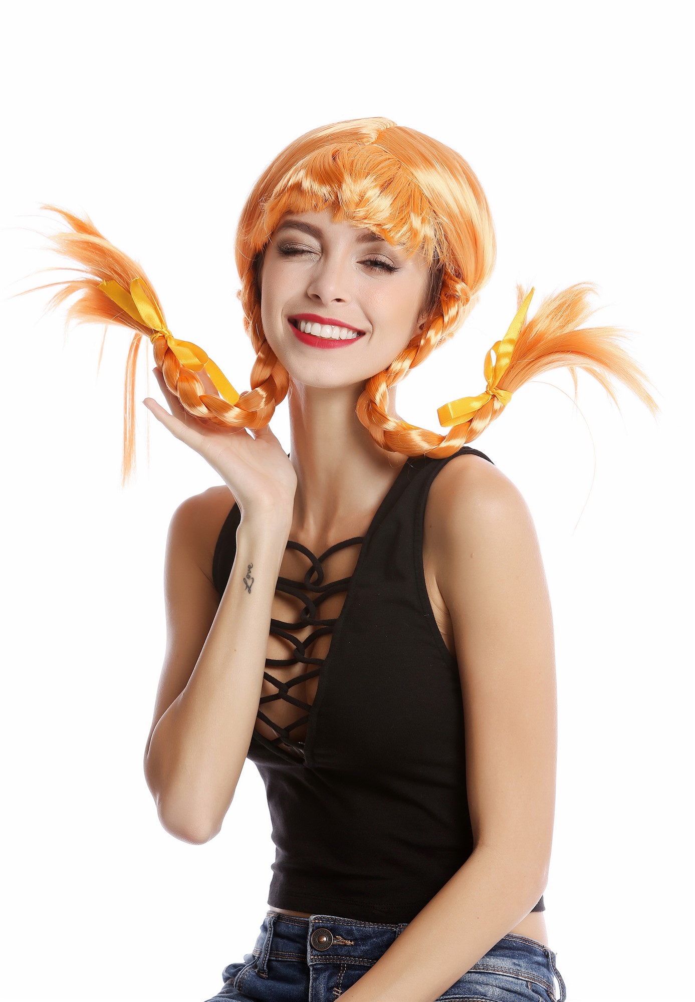 Wig Women Sassy Lolita Schoolgirl stiff braided plaits orange bangs DDH-T8175, view 2, WIG ME UP: Your Perücken Online Shop Party Wig, Ladies, Orange, Braided, shoulder-length