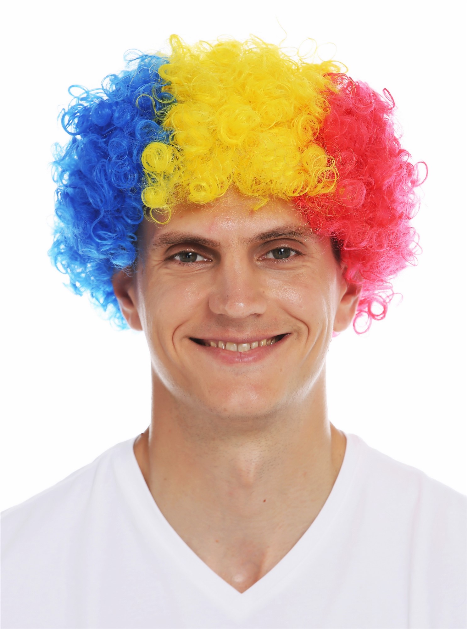 Fan wig carnival clown frizzy curls frizzy head blue yellow red afro MMAM-15M , front view, WIG ME UP: Your Perücken Online Shop Party Wig, Unisex, red-yellow-blue mix, curled, short