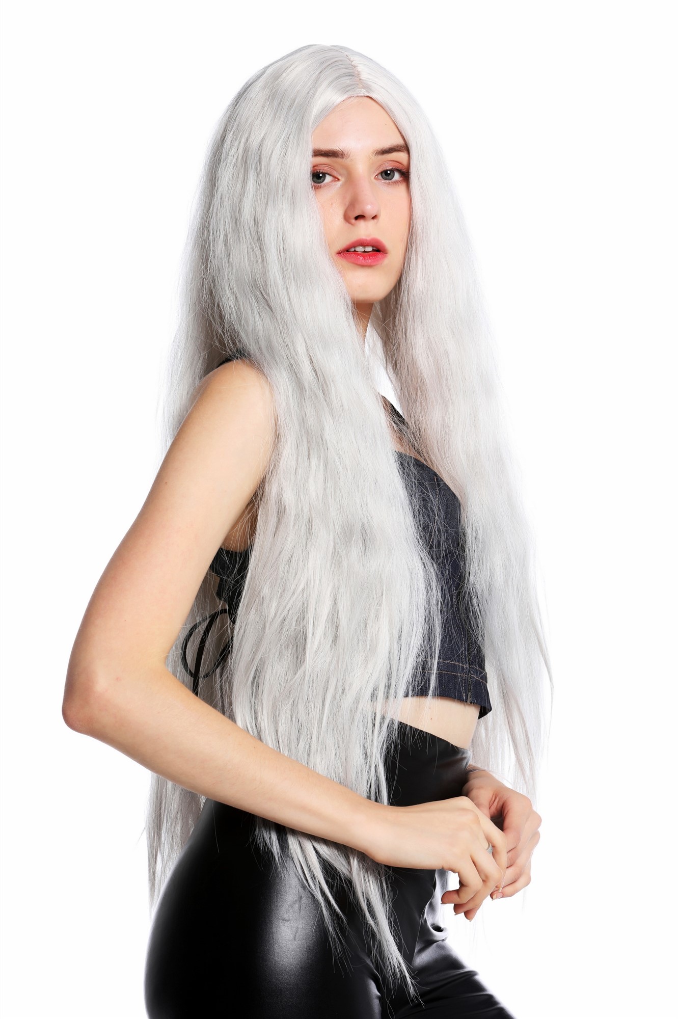 Lady wig women very long voluminous frizzy curls middle parting light grey VK-55, front view, WIG ME UP: Your Perücken Online Shop Quality Wigs, Ladies, white-gray, wavy, very long