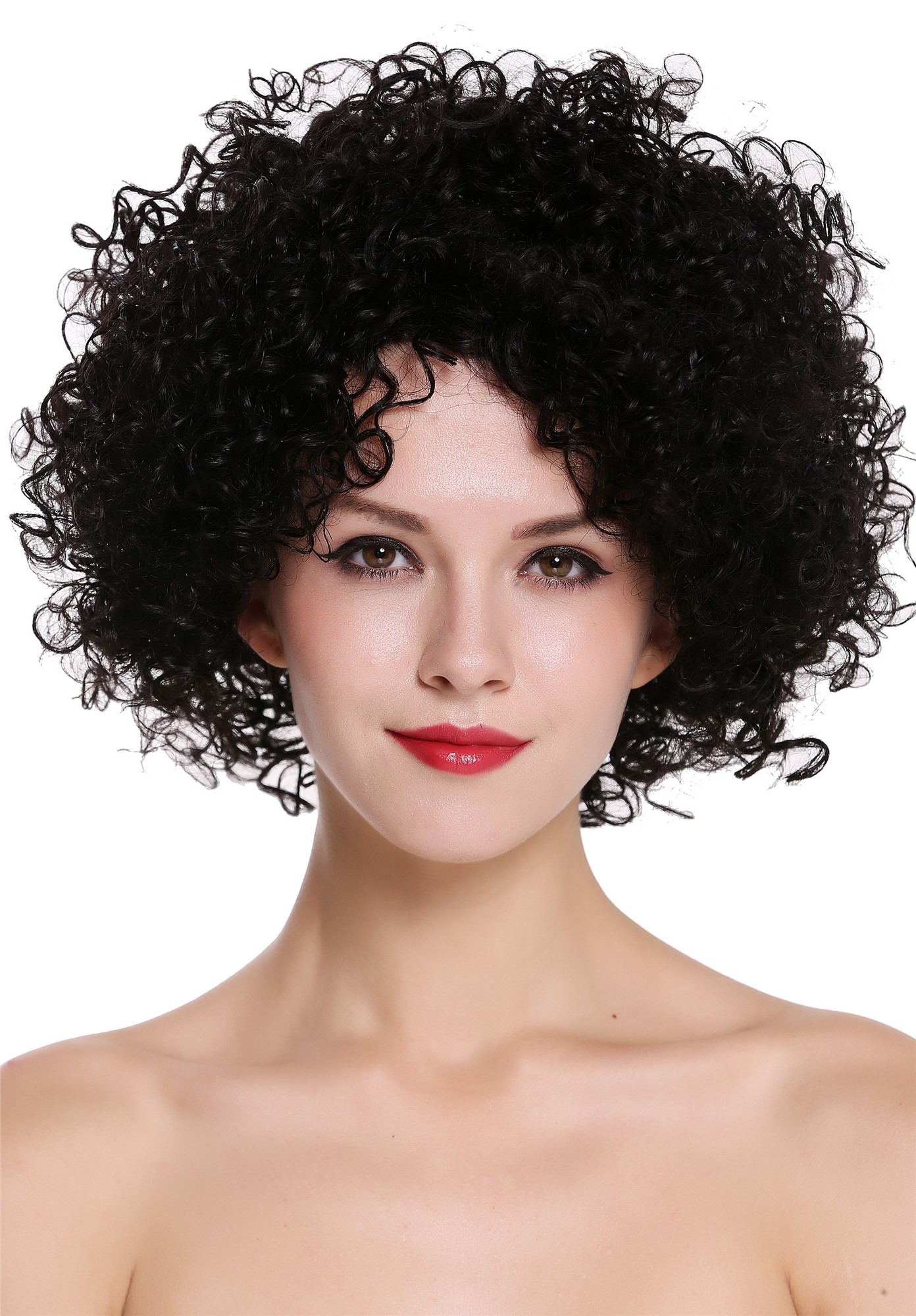 hochwertige Qualitätsperücken, Echthaar Perücke kraus gelockt Volumen Schwarz Afro UR-017-HH-1B, Vorderansicht, WIG ME UP: Ihr Perücken Online Shop lockige Tressen-Perücke 100% Echthaar Samtschwarz kurze Haare für Damen