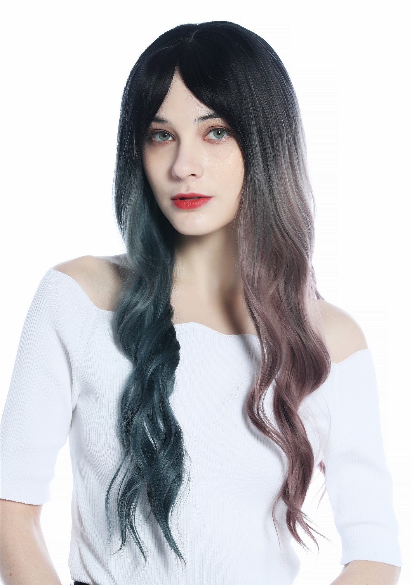hochwertige Qualitätsperücken, Perücke lang asymmetrische Ombre Farbe Schwarz Graublau Altrosa C8259-612-422, Vorderansicht, WIG ME UP: Ihr Perücken Online Shop wellige Tressen-Perücke mit Kopfhaut-Imitat Schwarz Verlauf in Graublau rechts und Altrosa links lange Haare für Damen