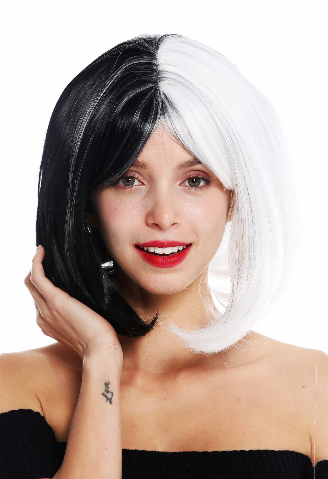hochwertige Qualitätsperücken, Perücke Bob Cosplay kurz halb Schwarz Weiß GFW2289L-1+1001, Ansicht 3, WIG ME UP: Ihr Perücken Online Shop glatte Tressen-Perücke mit Kopfhaut-Imitat Weiß-Schwarz-Mix schulterlange Haare für Damen