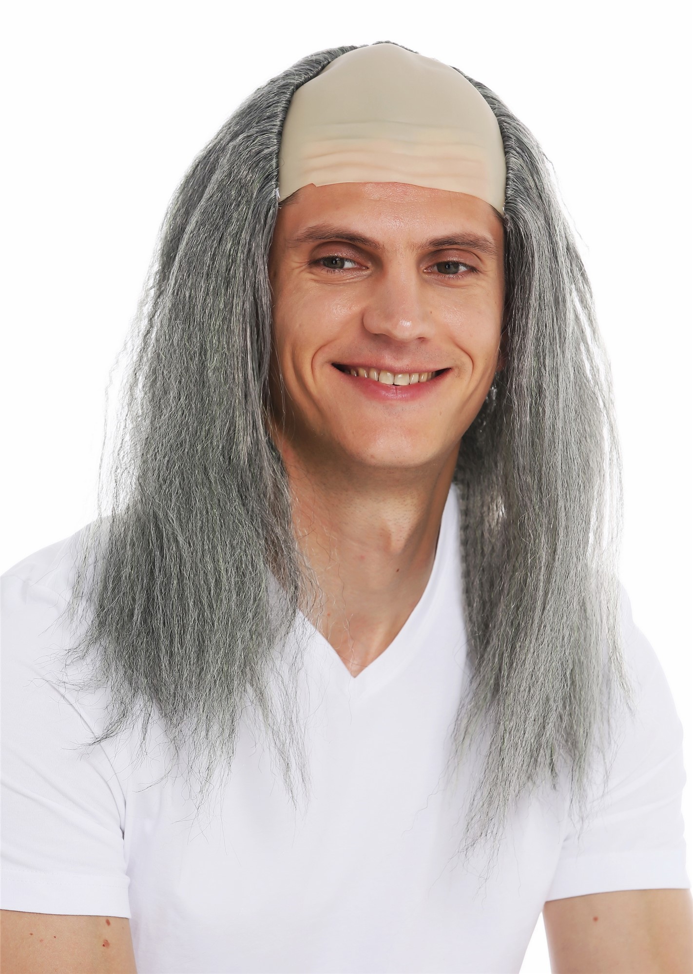 Party Wig, Men, Silver-gray wig with moss-green streaks, wavy, shoulder-length