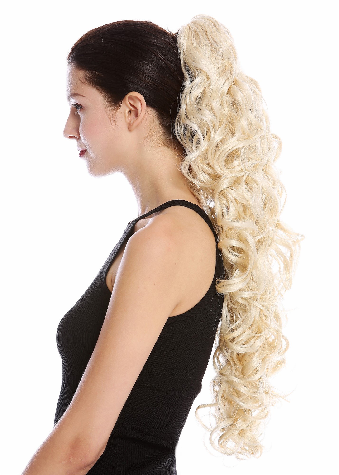 Ponytails, platinum blonde, curled, long