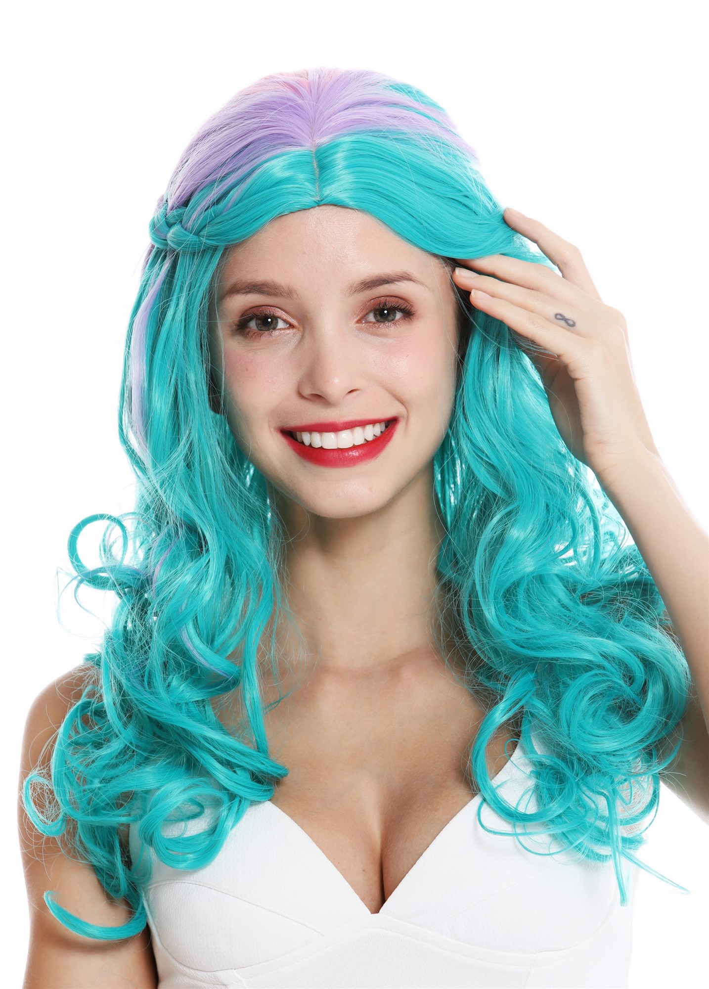 hochwertige Qualitätsperücken, Perücke lang geflochten Mittelscheitel Türkis Lila Rosa Mix GFW3497-T5126+T3815+T2311, Ansicht 2, WIG ME UP: Ihr Perücken Online Shop geflochtene Tressen-Perücke mit Kopfhaut-Imitat Grün-Lila-Rosa-Mix lange Haare für Damen