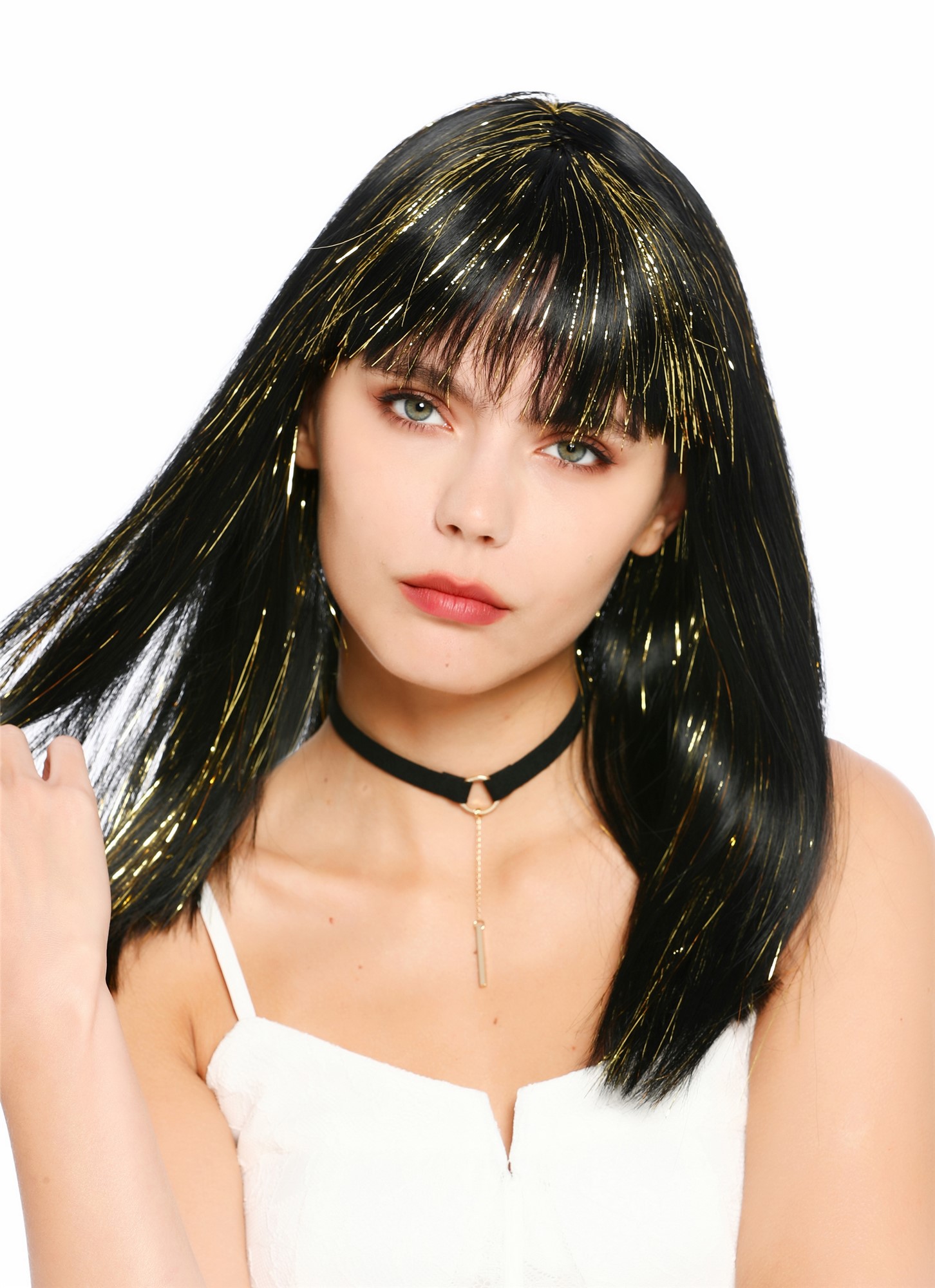 glatte Party-Perücke Schwarz mit Gold-Strähnen 50 cm lange Perücke für Damen