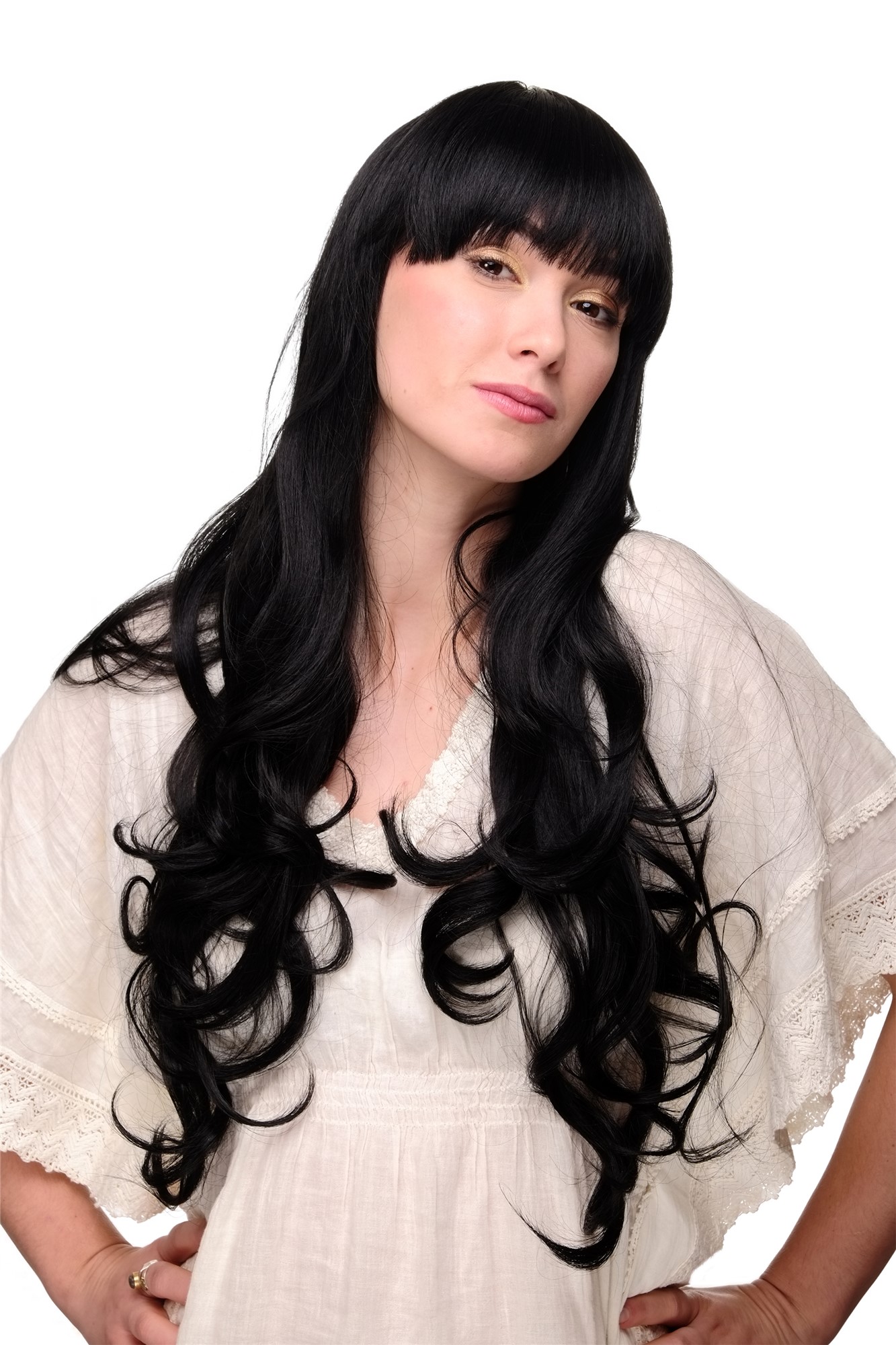 hochwertige Qualitätsperücken, Damen Perücke lange glatte Haare & wellige Spitzen Pony schwarz 3116-1B, Vorderansicht, WIG ME UP: Ihr Perücken Online Shop wellige Tressen-Perücke mit Kopfhaut-Imitat Samtschwarz lange Haare für Damen