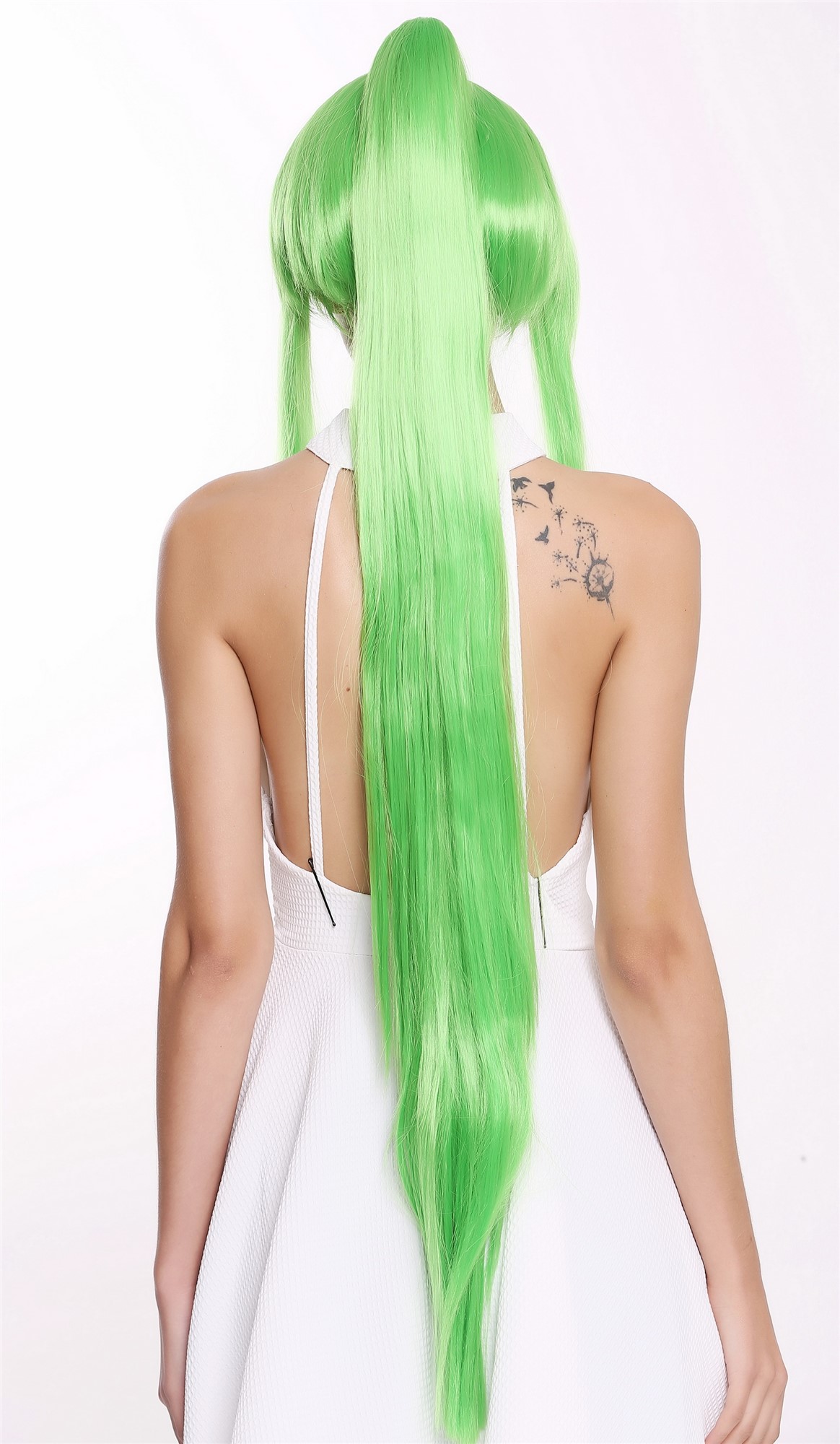 hochwertige Qualitätsperücken, Perücke Lang Zopf Strähnen Grün Cosplay YZF-7042+A-TF2605, Ansicht 4, WIG ME UP: Ihr Perücken Online Shop glatte Tressen-Perücke mit Kopfhaut-Imitat Hellgrün sehr lange Haare für Damen