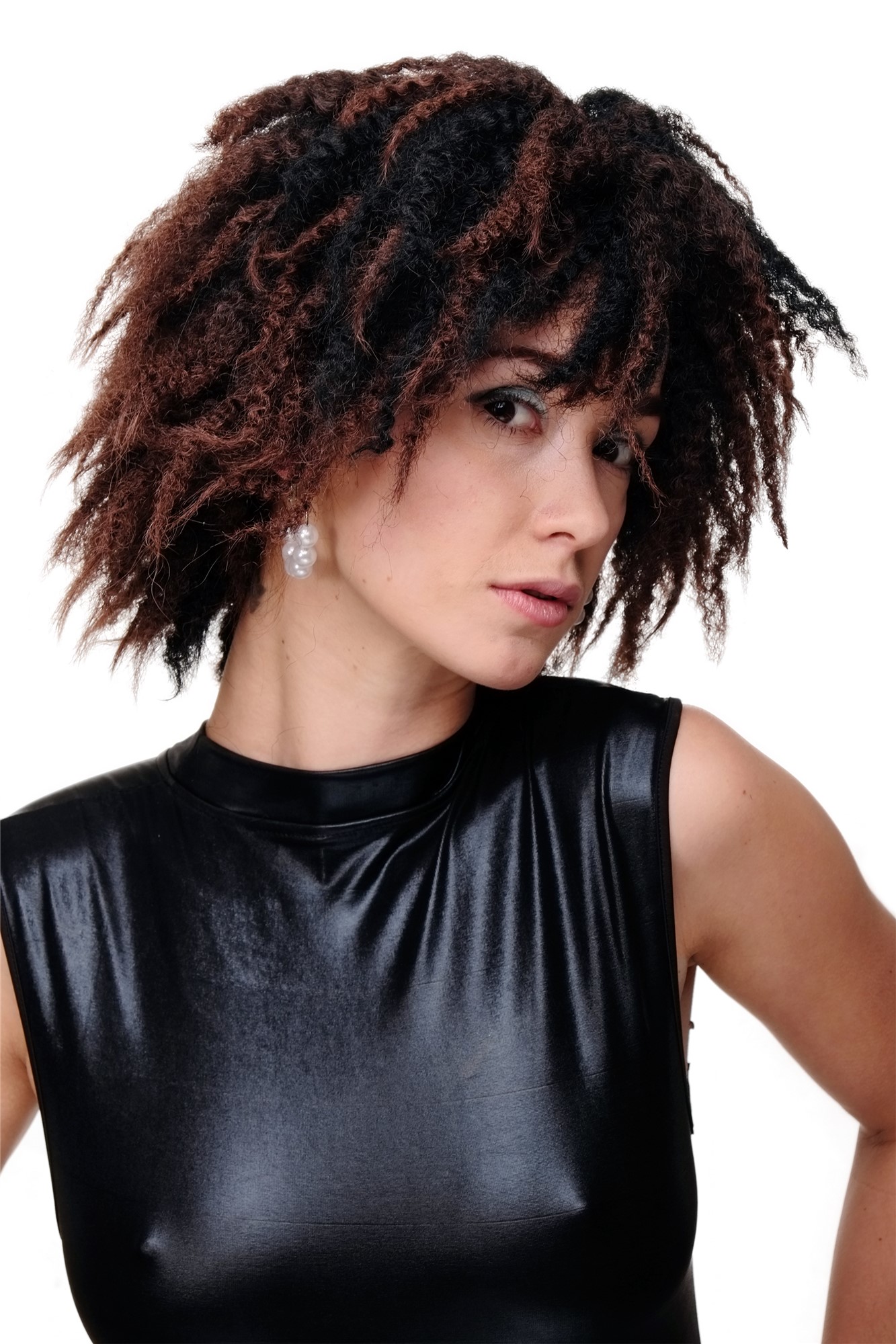 Lady  Wig wild volume kinked curls Afro Caribbean Black & Mahogany strands highlights, front view, WIG ME UP: Your Perücken Online Shop Quality Wigs, Ladies, black-brown mix, curled, shoulder-length
