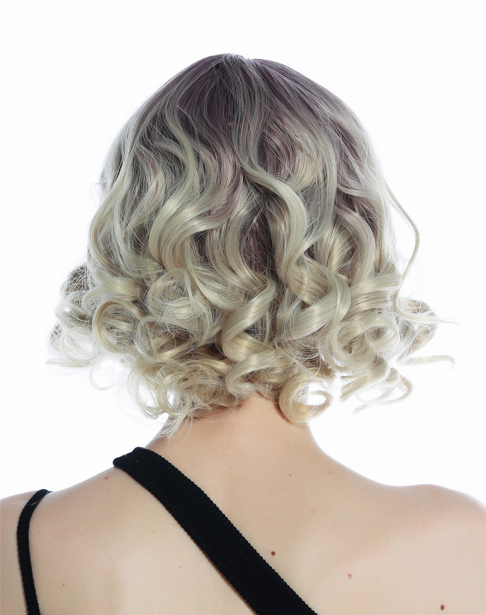 hochwertige Qualitätsperücken, Perücke kurz Pony Korkenzieher-Locken Ombre Dunkel-Violett Hellblond SZL0832-T-003, Ansicht 5, WIG ME UP: Ihr Perücken Online Shop lockige Tressen-Perücke mit Kopfhaut-Imitat Grauviolett-Matthellblond-Verlauf kurze Haare für Damen