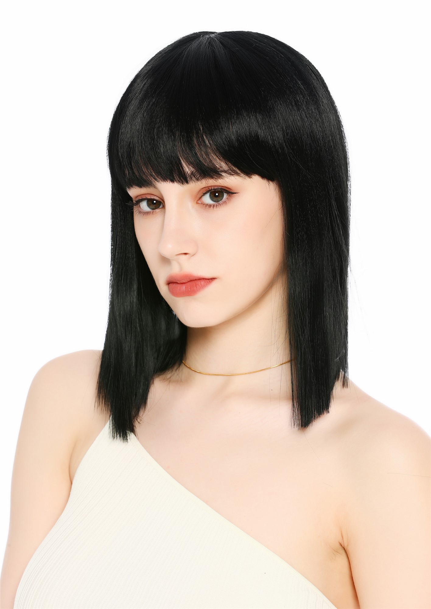 Perücke Damen Longbob glatt schulterlang Pony Clavi-Cut Schwarz Tiefschwarz VK-64-1