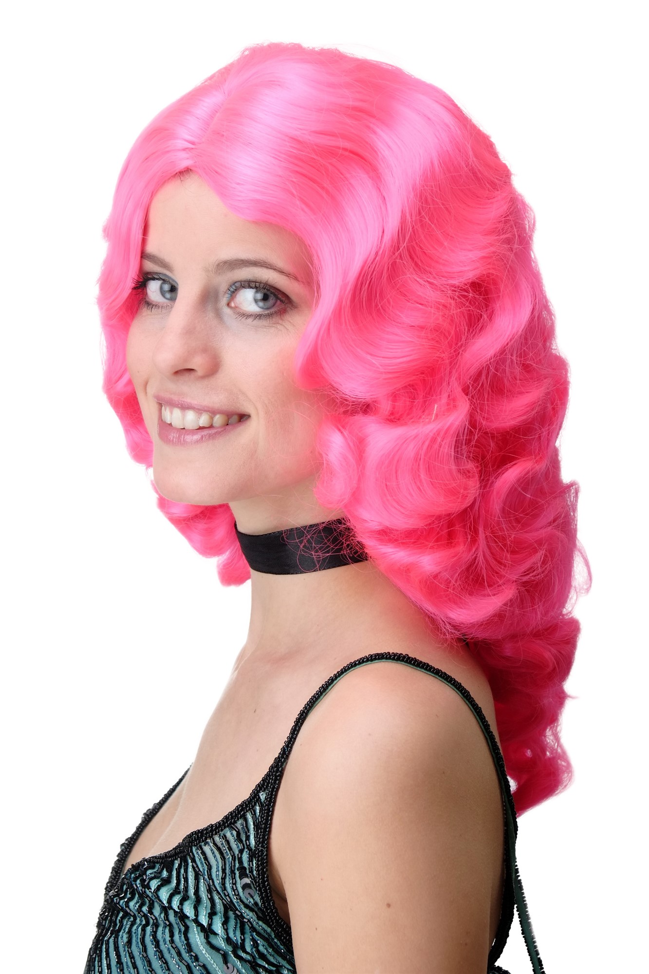 hochwertige Qualitätsperücken, Perücke Diva Wasserwelle Rosa Pink GFW1860-TF2315, Vorderansicht, WIG ME UP: Ihr Perücken Online Shop wellige Tressen-Perücke mit Kopfhaut-Imitat Neonrosa schulterlange Haare für Damen