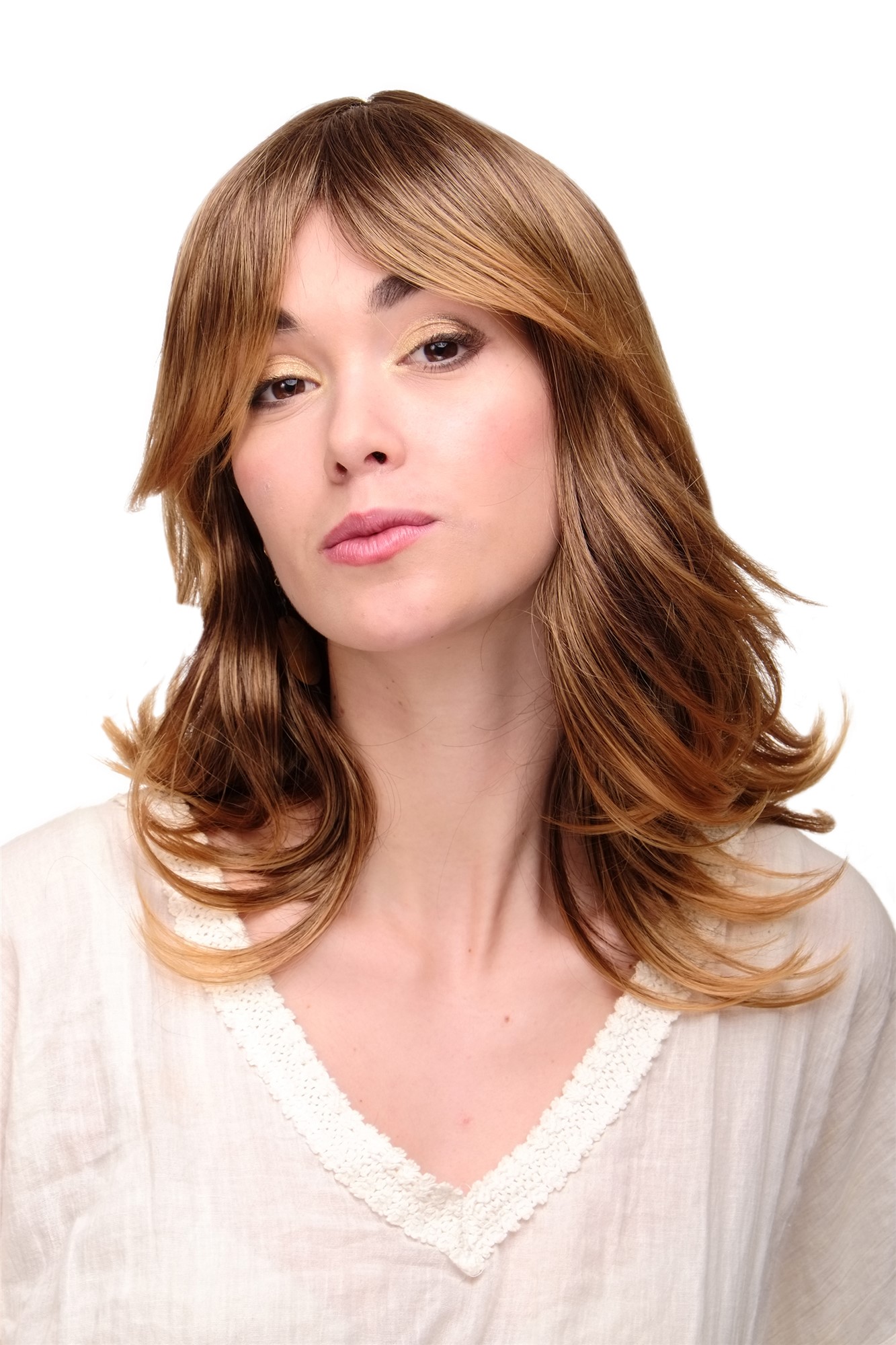 hochwertige Qualitätsperücken, Perücke glatt halblang Braun Blond Mix Modell: TYW60349, Vorderansicht, WIG ME UP: Ihr Perücken Online Shop wellige Tressen-Perücke mit Kopfhaut-Imitat Kastanie-Gelbblond-Mix schulterlange Haare für Damen
