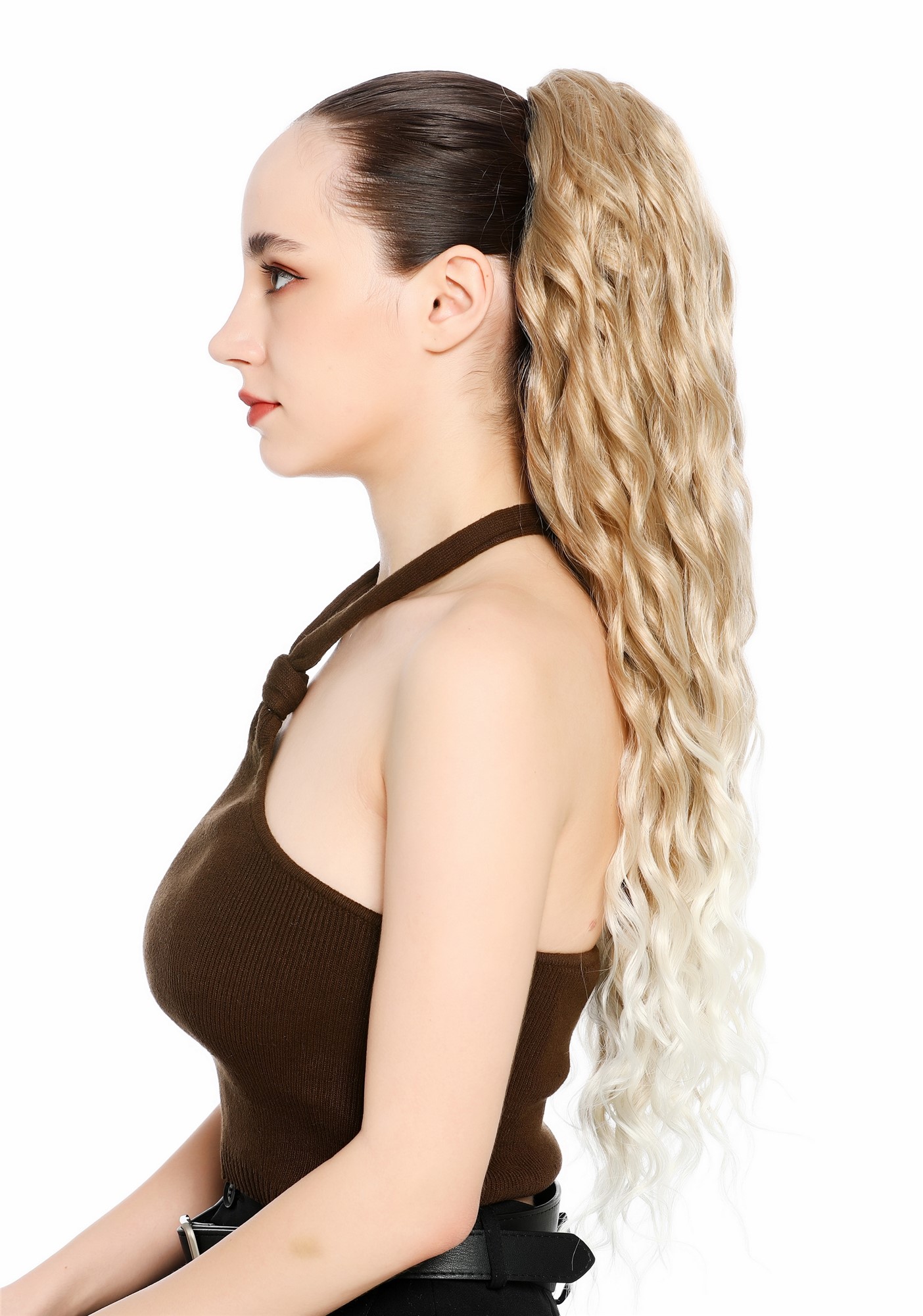 Zopf Pferdeschwanz Steckkämme voluminös stark gewellt 70cm lang Blond Platin gesträhnt N1557A-15T613A
