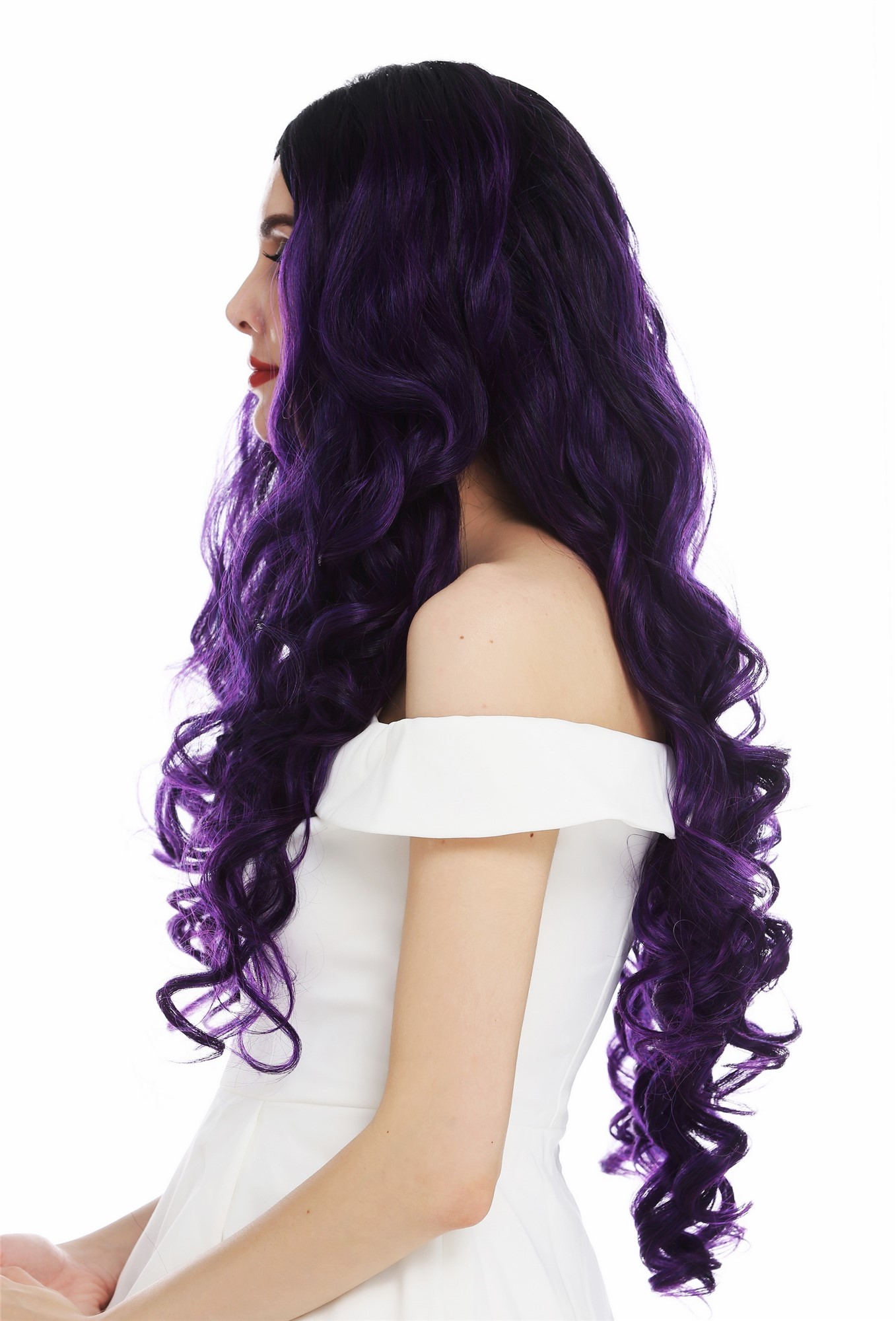 hochwertige Qualitätsperücken, Perücke Lace-Front extrem lang voluminös gelockt Ombre Schwarz Violett DW2904-MF-PURPLEYS1B, Ansicht 4, WIG ME UP: Ihr Perücken Online Shop lockige Tressen-Perücke mit Teil-Mono Oberkopf, Front-Lace Violett-Schwarz-Mix sehr lange Haare für Damen