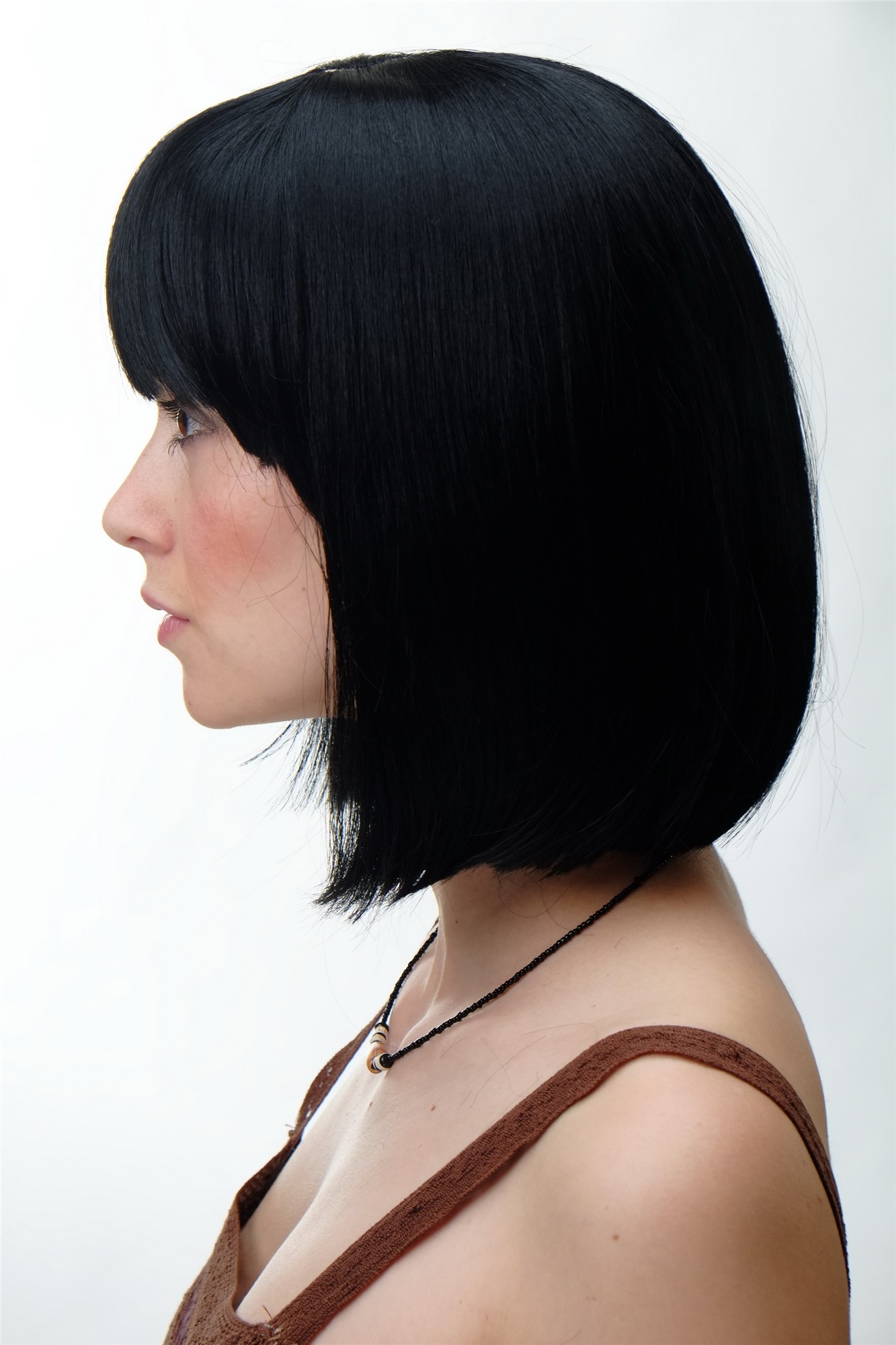 hochwertige Qualitätsperücken, Perücke Damen Bobfrisur Long Bob Pony glatt Schwarz 7803-1, Ansicht 3, WIG ME UP: Ihr Perücken Online Shop glatte Tressen-Perücke mit Kopfhaut-Imitat Schwarz kurze Haare für Damen
