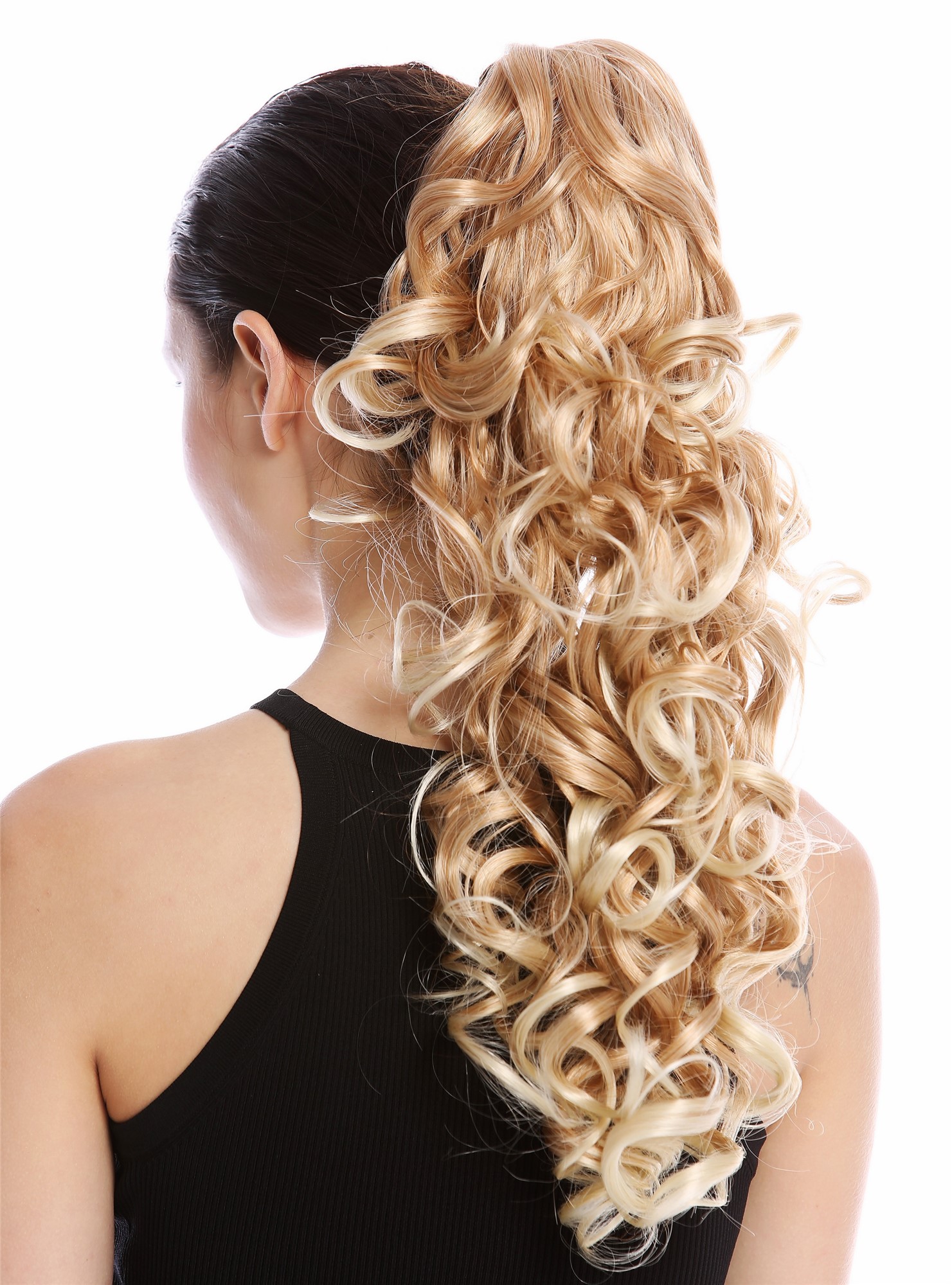 Ponytail Combs Clamp long voluminous curled curls blond platinum highlights N956, front view, WIG ME UP: Your Perücken Online Shop Ponytails, blond mix, curled, long
