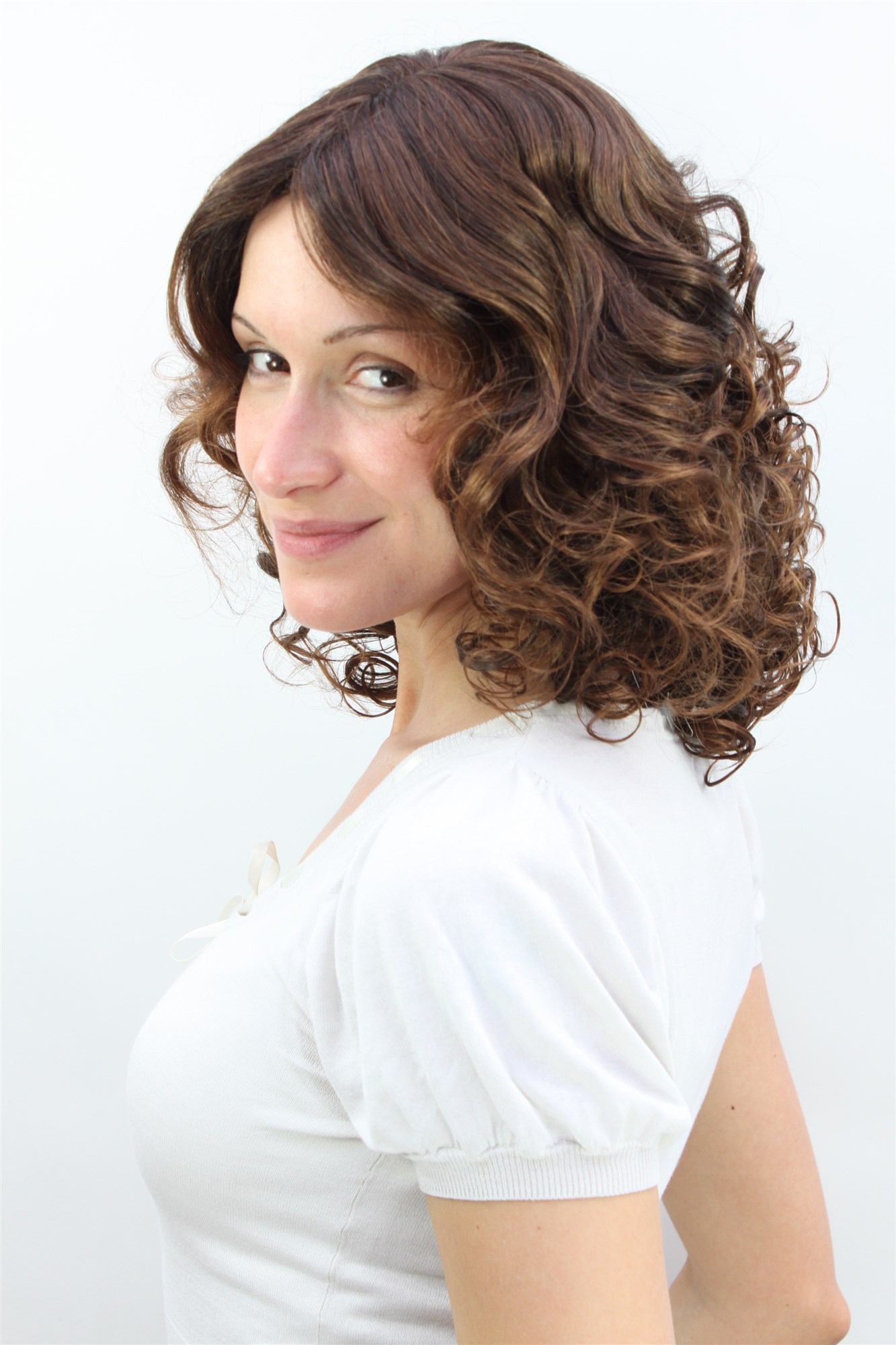 Lady wig romantic look cute curls curled brunette chestnut brown mix 4019 , view 2, WIG ME UP: Your Perücken Online Shop Quality Wigs, Ladies, black-brown and copper-brown, curled, shoulder-length