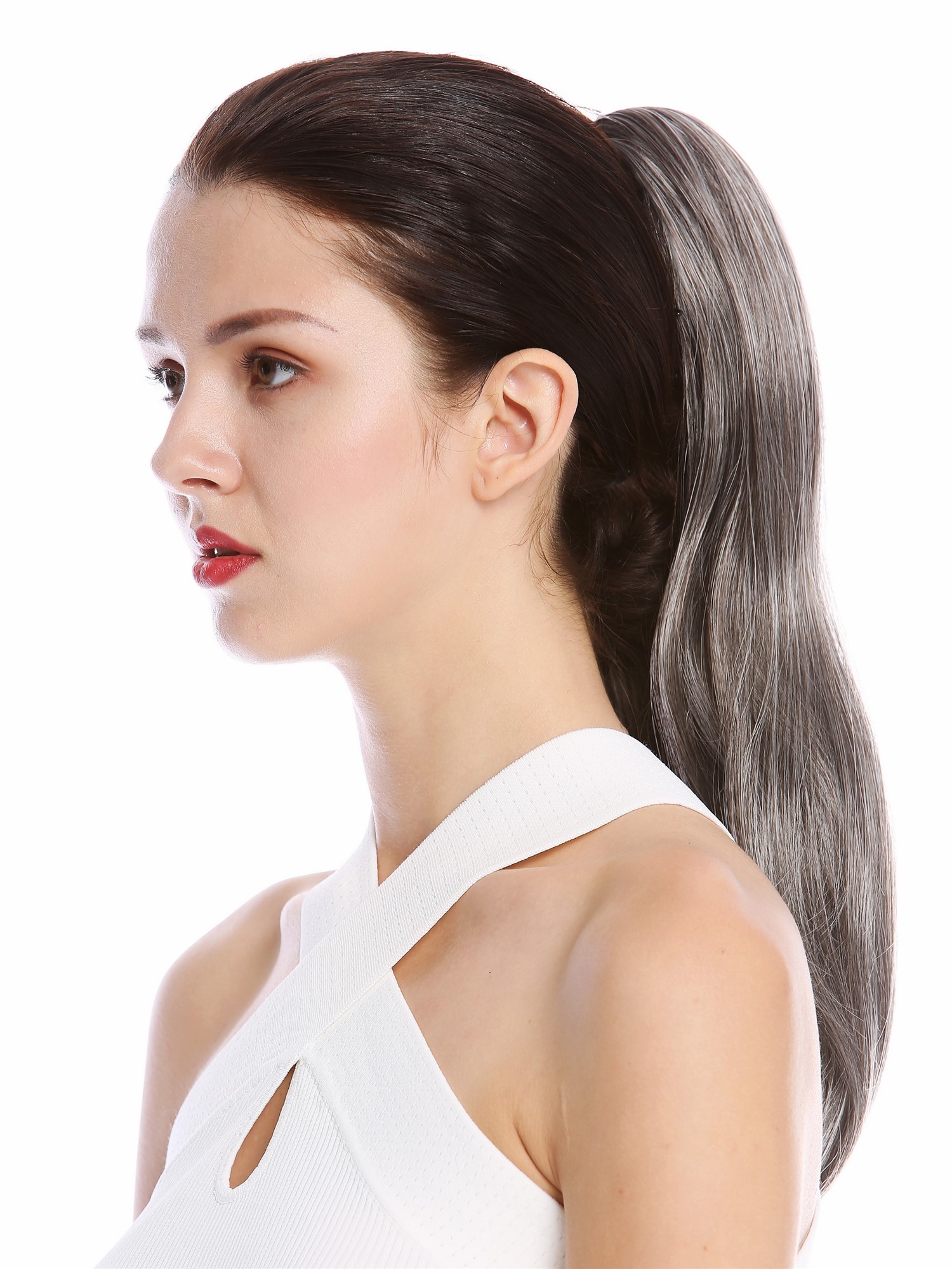 Ponytail Hairpiece Claw Clamp long smooth slightly waved dark grey gray TZB-26A, view 3, WIG ME UP: Your Perücken Online Shop Ponytails, dark gray-black mix, straight, shoulder-length