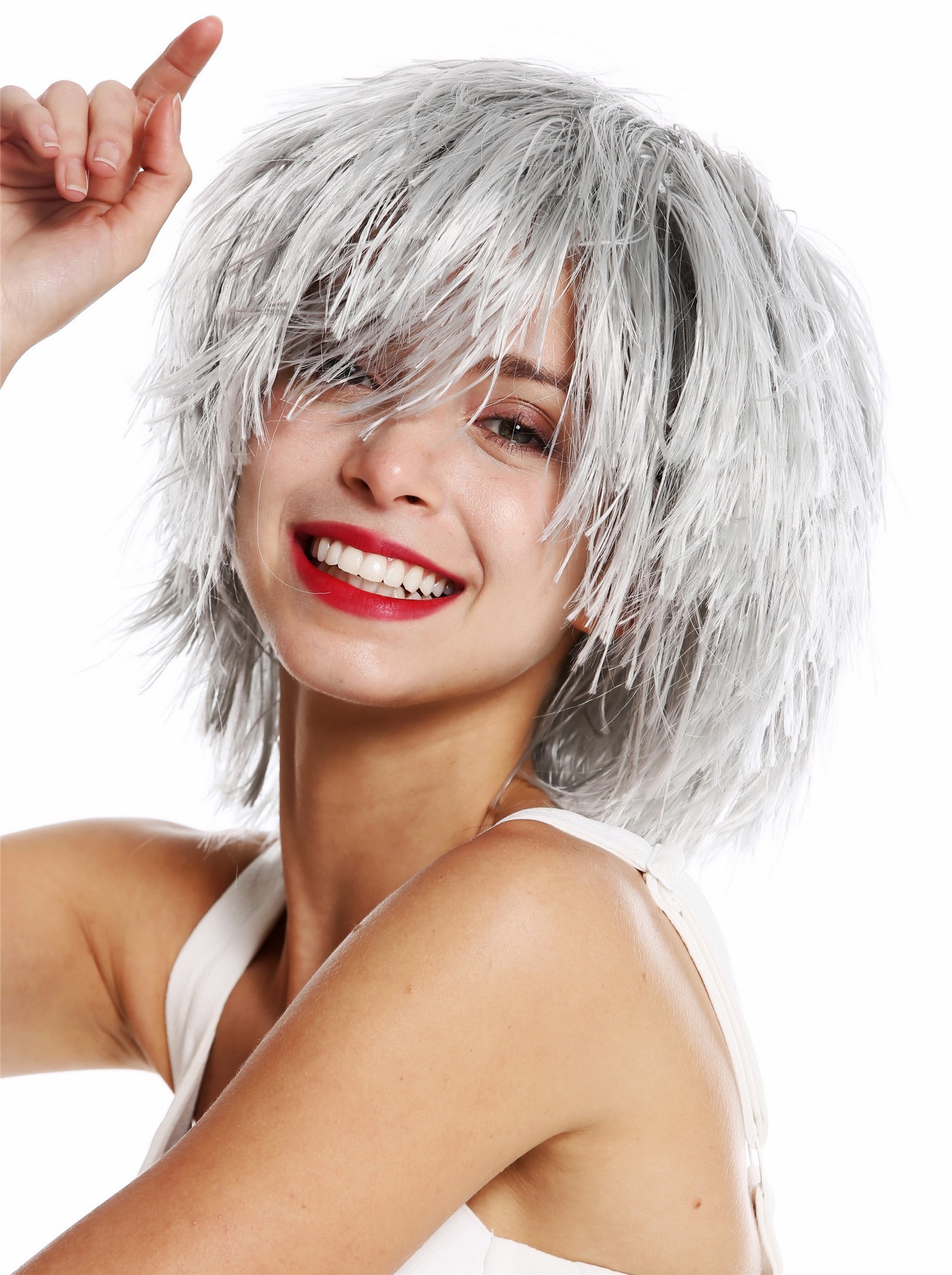 günstige Party Perücke, Perücke Struppig Wild Voluminös Clown Kobold Grau MMSLW-K686, Vorderansicht, WIG ME UP: Ihr Perücken Online Shop wellige Party Perücke Silbergrau kurze Haare Unisex