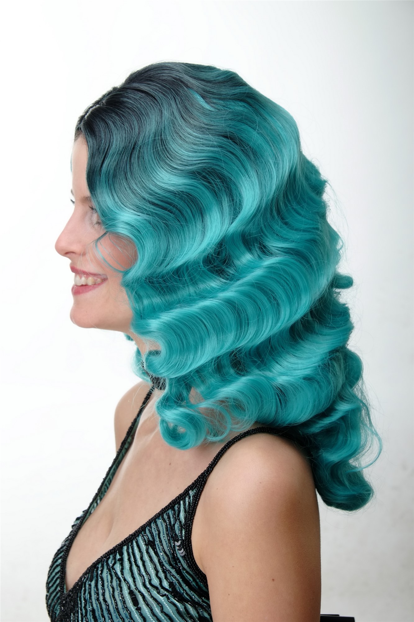 Quality Wigs, Ladies, turquoise green-deep black mix, wavy, shoulder-length