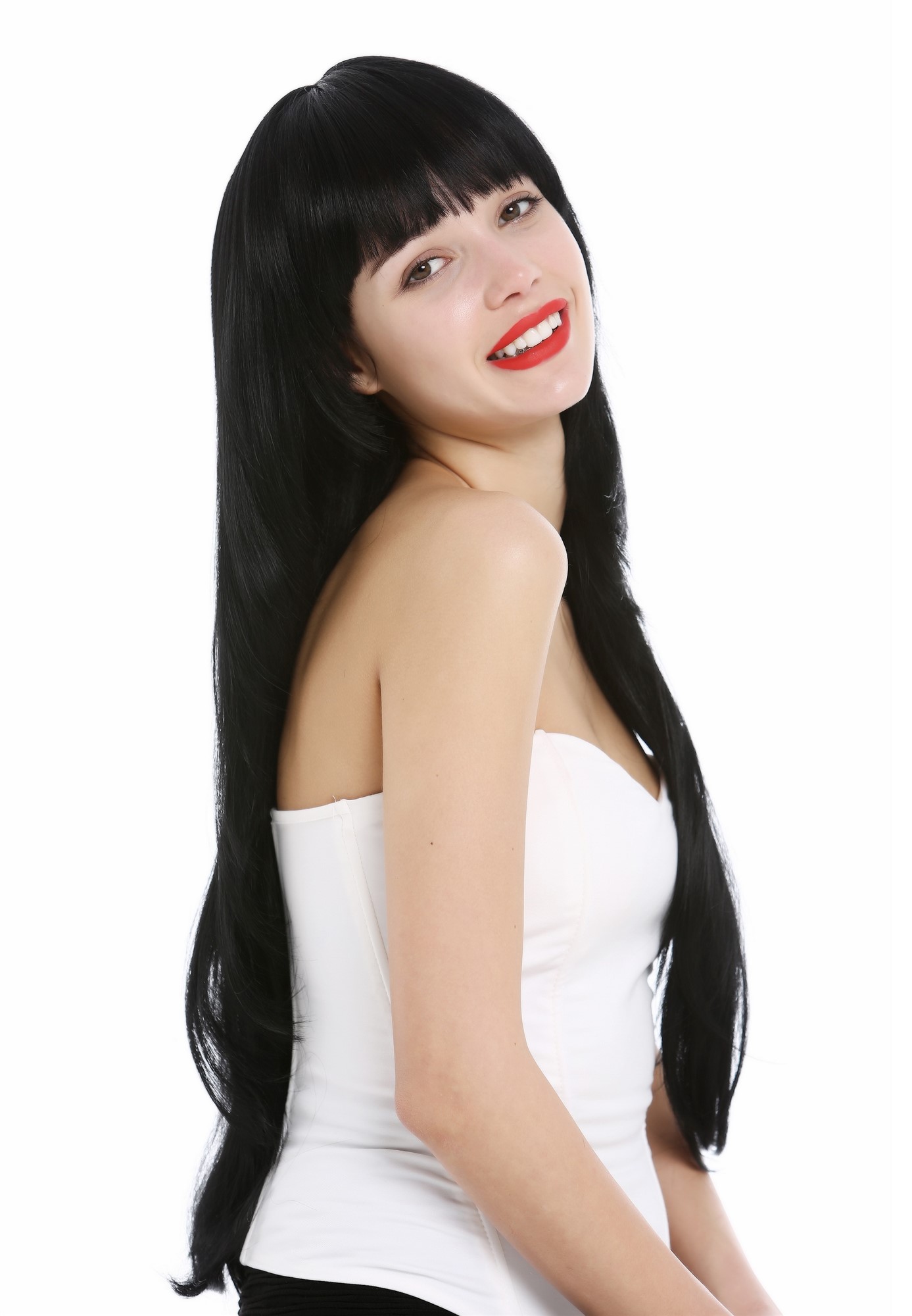 hochwertige Qualitätsperücken, Perücke lang glatt gestuft Schwarz VK-43-1, Ansicht 2, WIG ME UP: Ihr Perücken Online Shop glatte Tressen-Perücke mit Kopfhaut-Imitat Schwarz sehr lange Haare für Damen