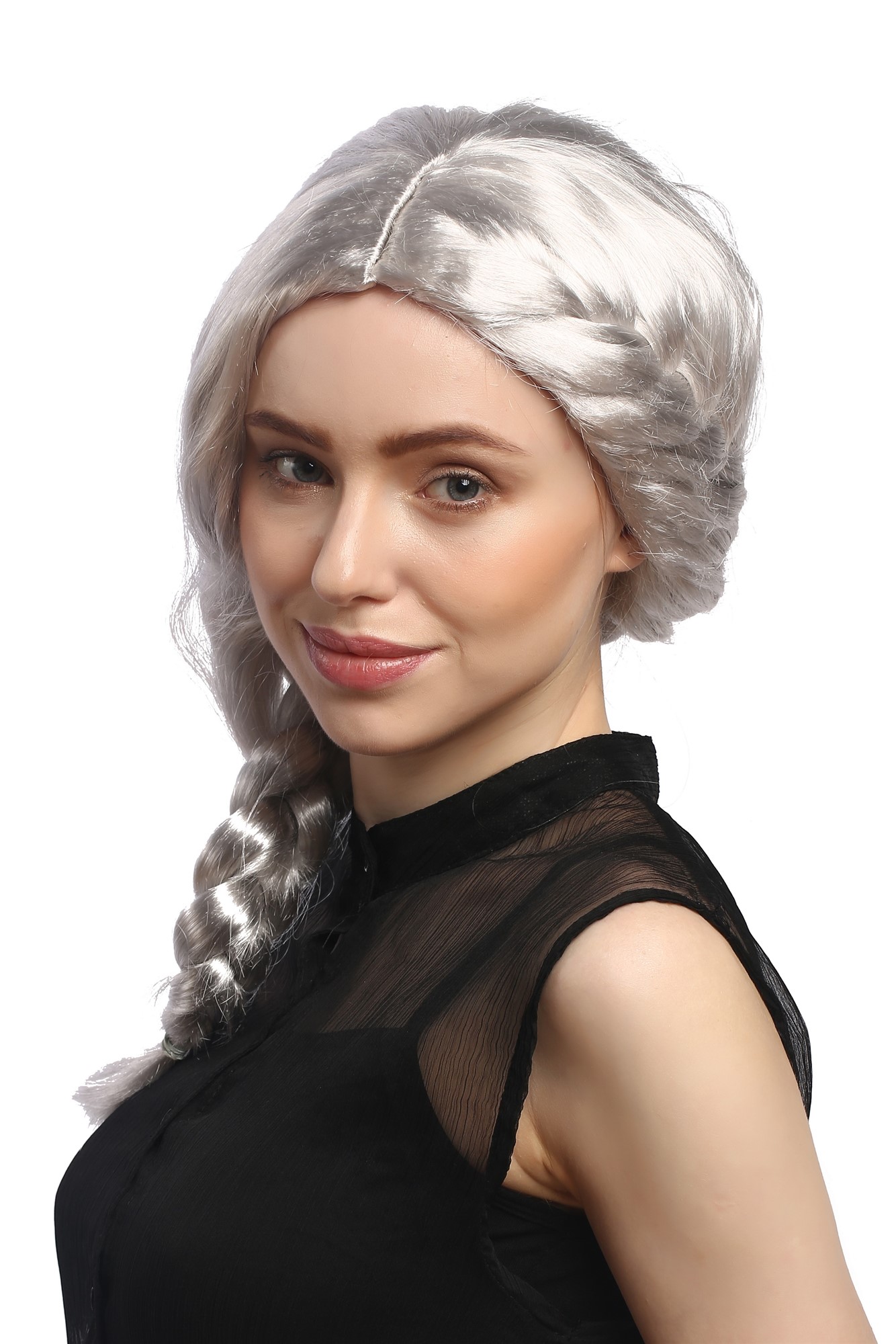 Lady Wig grey middle parting long braided ponytail fairy godmother witch 08050A, view 2, WIG ME UP: Your Perücken Online Shop Party Wig, Ladies, Grey, Braided, long