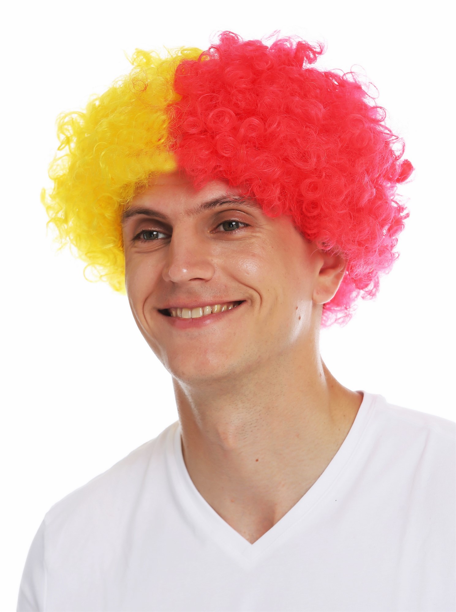 günstige Party Perücke, Perücke Afro Fan Clown Rot Gelb MMAM-15M-K120B+K3070, Ansicht 2, WIG ME UP: Ihr Perücken Online Shop lockige Party Perücke Knallrot-Knallgelb-Mix kurze Haare Unisex