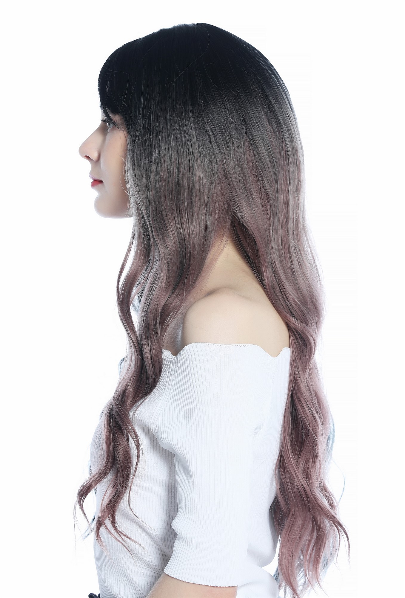 hochwertige Qualitätsperücken, Perücke lang asymmetrische Ombre Farbe Schwarz Graublau Altrosa C8259-612-422, Ansicht 3, WIG ME UP: Ihr Perücken Online Shop wellige Tressen-Perücke mit Kopfhaut-Imitat Schwarz Verlauf in Graublau rechts und Altrosa links lange Haare für Damen