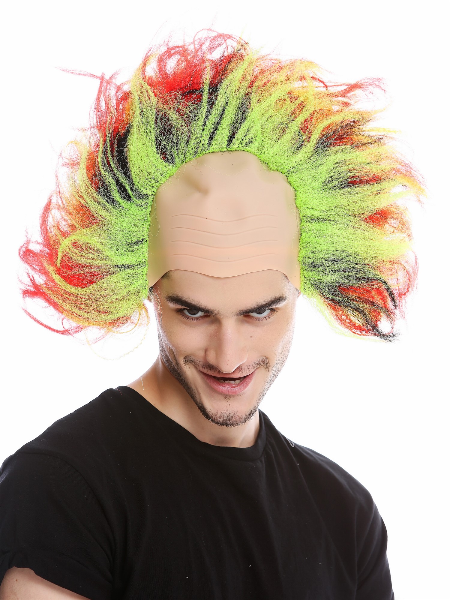 günstige Party Perücke, Perücke Glatze Toupiert Dämon Rot Schwarz Grün Gelb 91532, Vorderansicht, WIG ME UP: Ihr Perücken Online Shop wellige Party Perücke Mehrfarbig schulterlange Haare Unisex