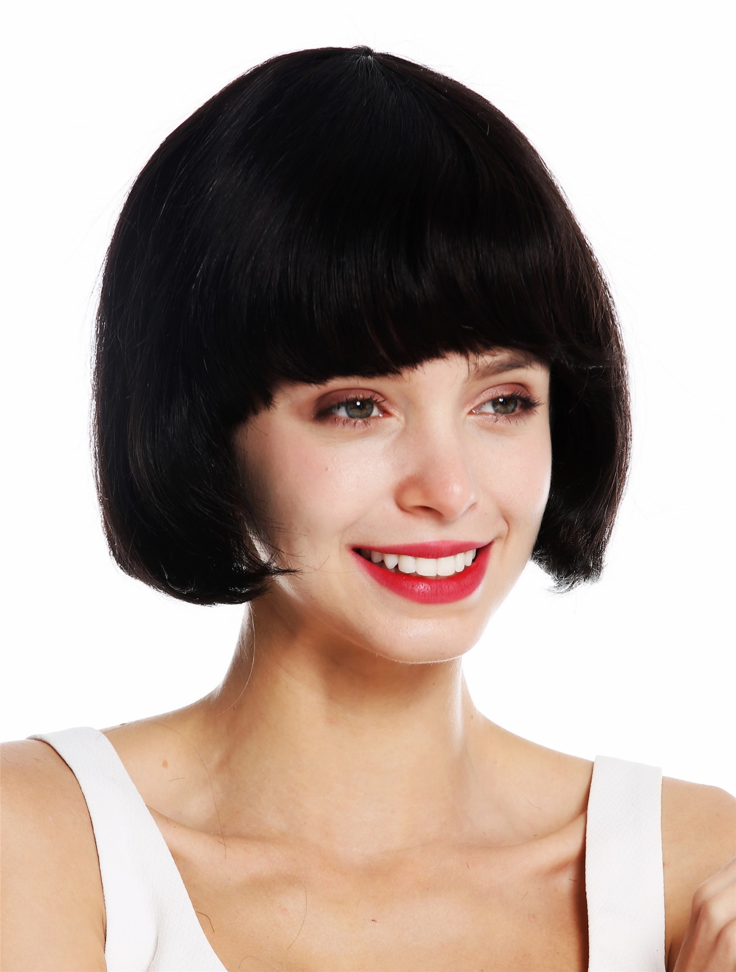 hochwertige Qualitätsperücken, Perücke Echthaar kurz Bob glatt Pony Schwarz VK-57-HH-1B, Ansicht 3, WIG ME UP: Ihr Perücken Online Shop glatte Tressen-Perücke Echthaar Samtschwarz kurze Haare für Damen