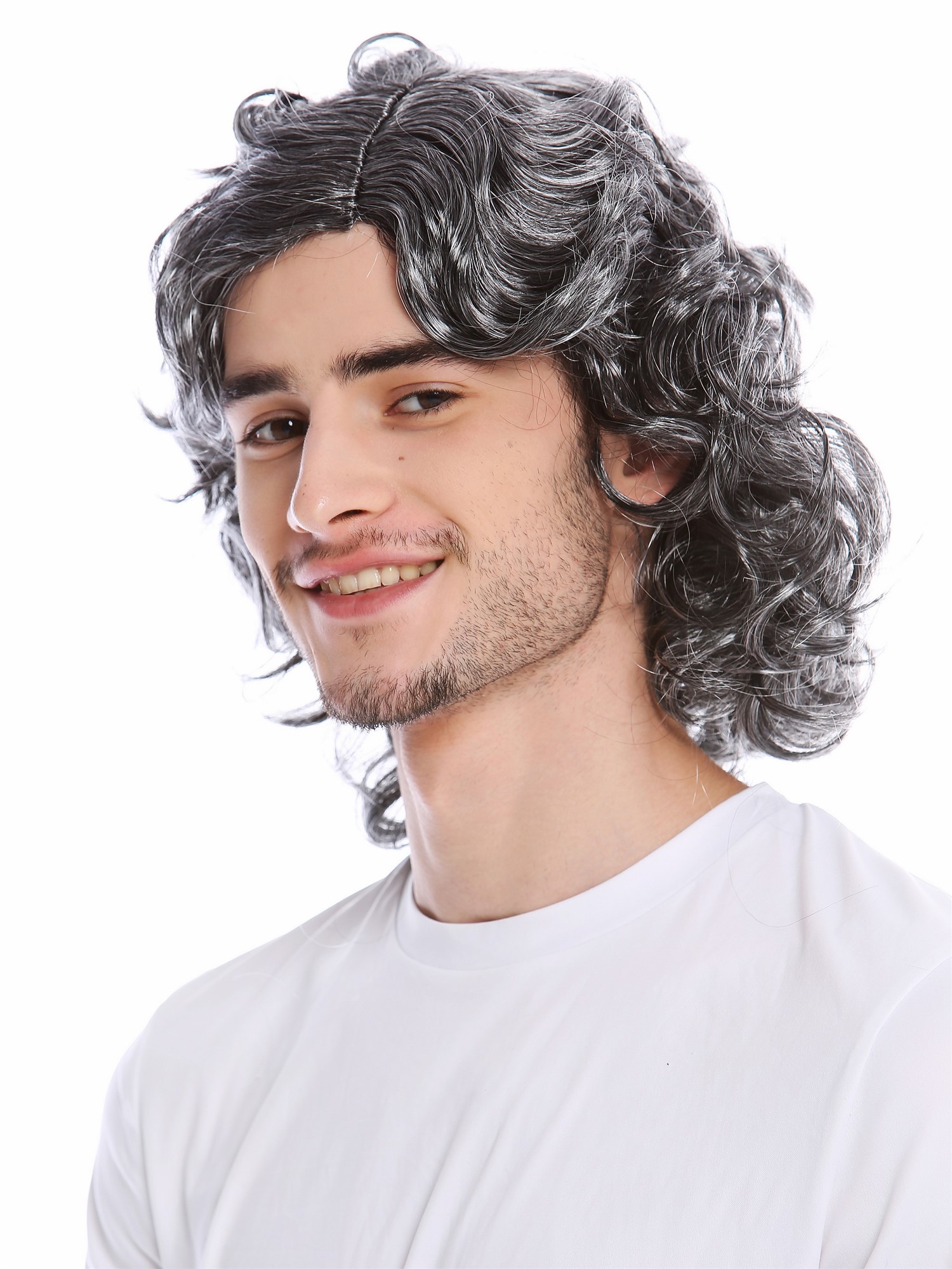 günstige Party Perücke, Perücke Grau Alter Schlagersänger Gigolo 3750-P103-68, Vorderansicht, WIG ME UP: Ihr Perücken Online Shop wellige Party Perücke Grau schulterlange Haare Unisex
