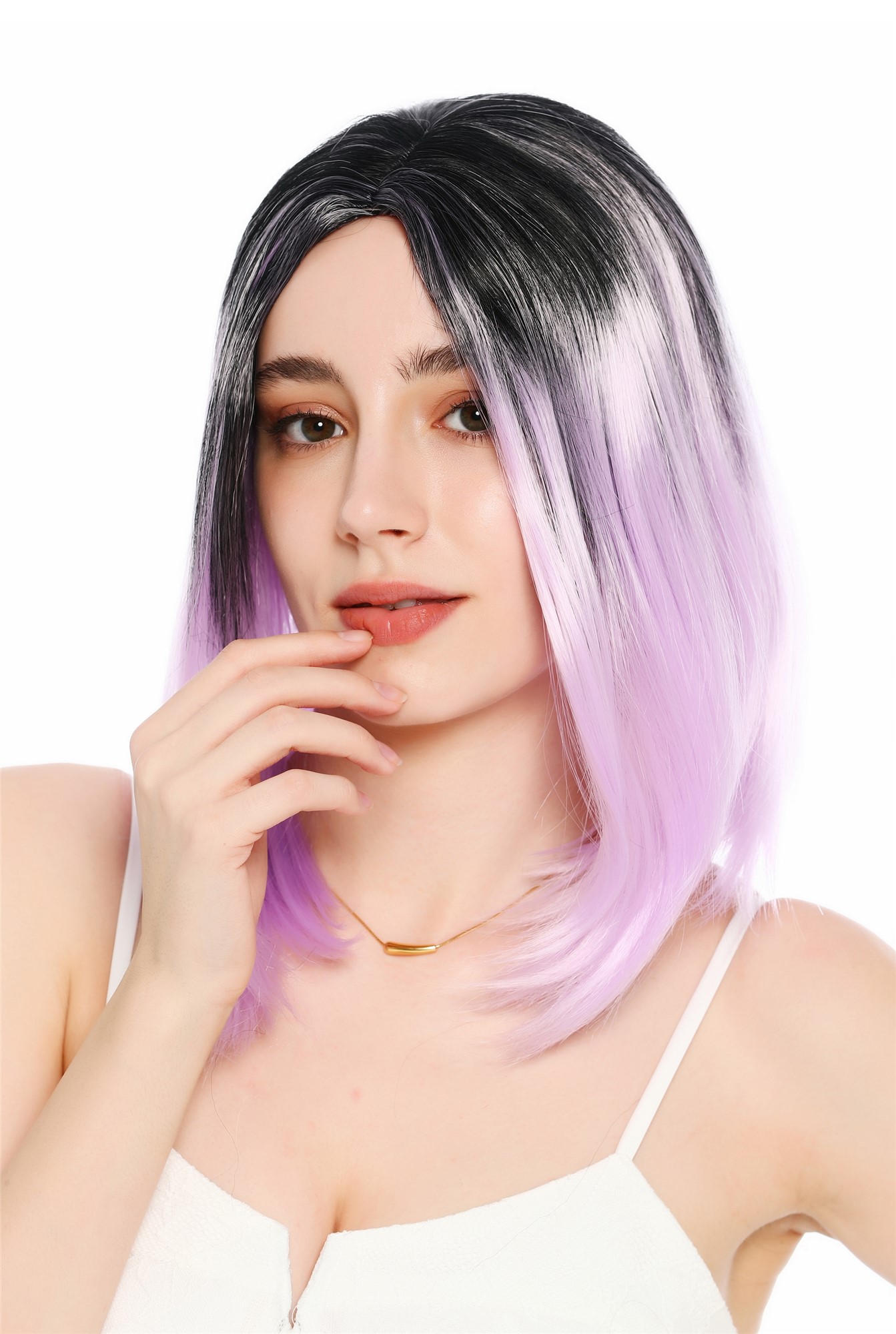 Perücke Damen Mittelscheitel schulterlang glatt Ombre Schwarz helles Violett GFW3977-1TTF2403A