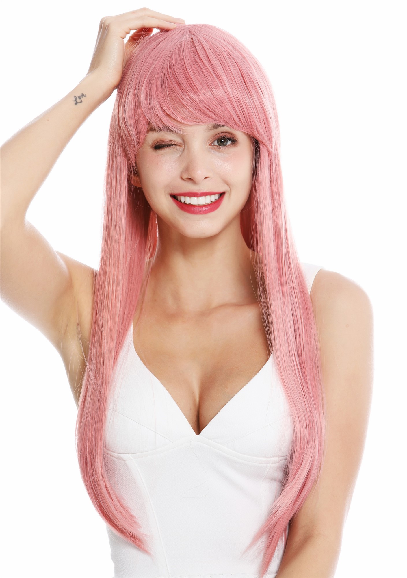 hochwertige Qualitätsperücken, Perücke Pony lang glatt Rosa YZF-41062-T2312, Vorderansicht, WIG ME UP: Ihr Perücken Online Shop glatte Tressen-Perücke mit Kopfhaut-Imitat Pastellrosa lange Haare für Damen