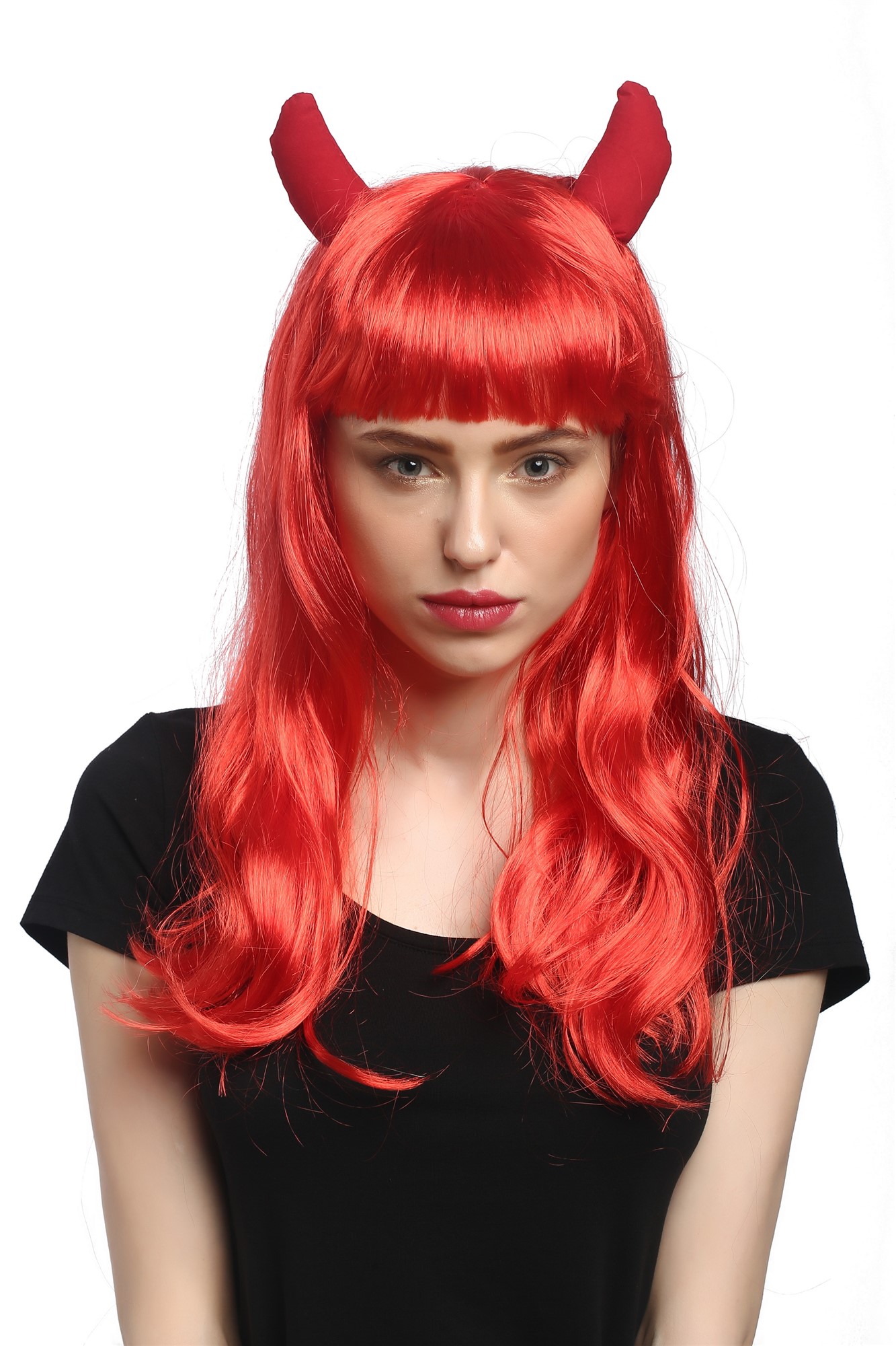 günstige Party Perücke, Perücke Rot Lang mit Hörnern Teufelin 90897-ZA13, Ansicht 3, WIG ME UP: Ihr Perücken Online Shop wellige Party Perücke Rot lange Haare für Damen