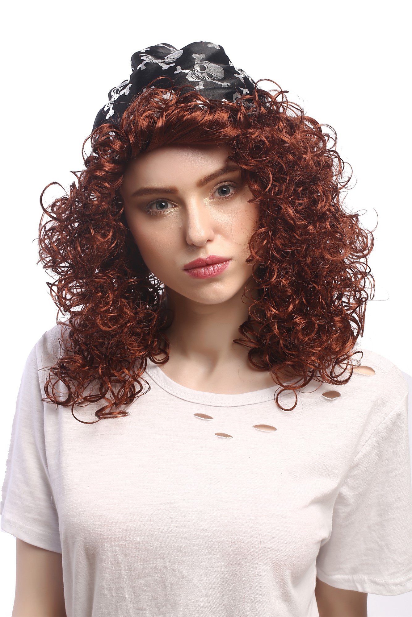 Lady Party Wig Halloween Fancy Jenny Pirate Queen curly wild reddish brown volume bandana, view 3, WIG ME UP: Your Perücken Online Shop Party Wig, Ladies, Brown, curled, shoulder-length